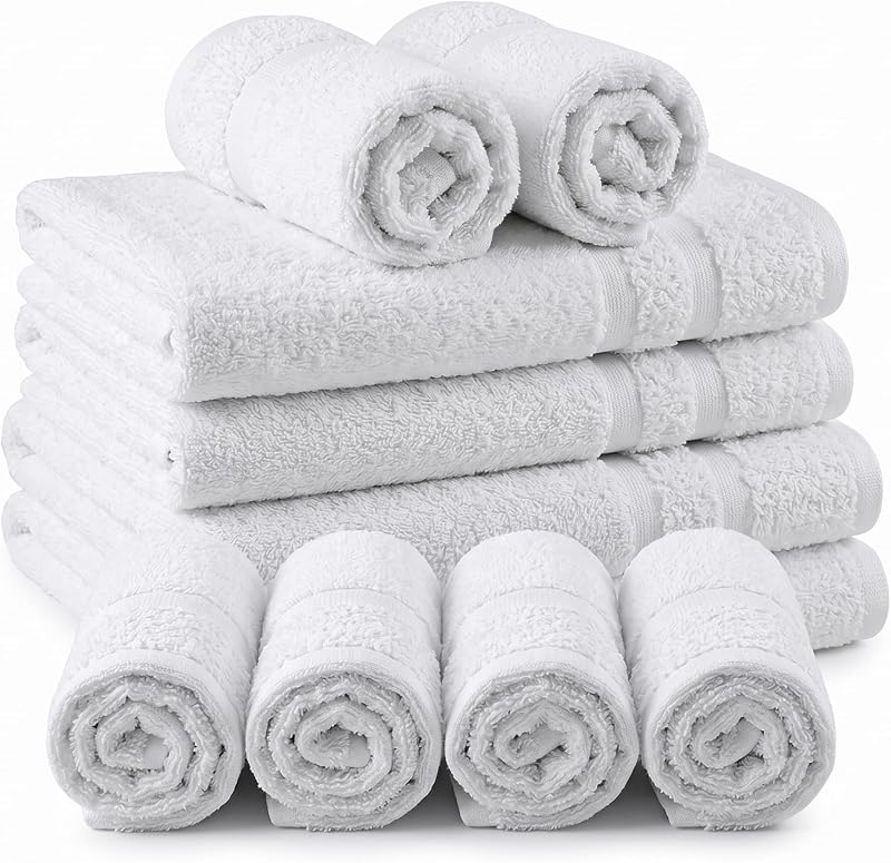 10PC Bath Towel Set, 100% Cotton Towels for Bathroom, Spa, Hotel, Super Absorbent, Lighter Weight, 372gsm, Quicker to Dry, Long Lasting, Set Includes 4 Bath, 2 Hand, 4 Washcloths