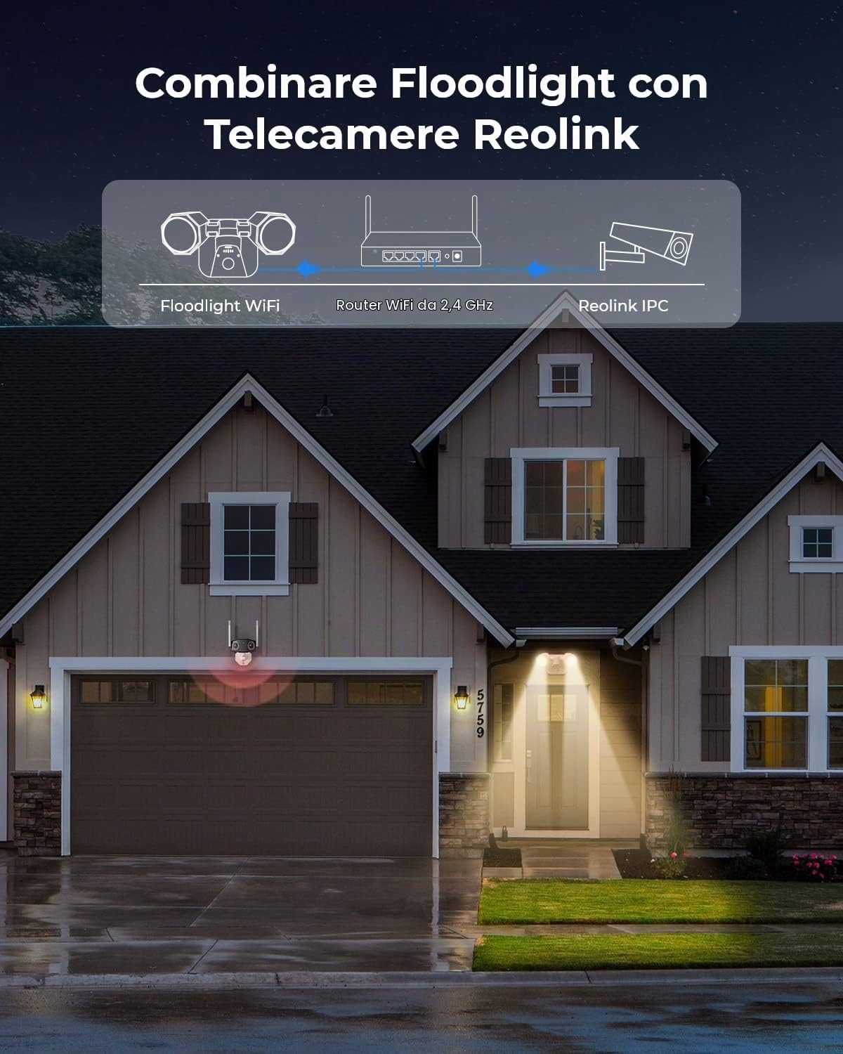 Reolink Luci da Esterno con Sensore di Movimento Integrato | Allarme Sonoro e Luminoso per la Sicurezza, Impermeabile IP65, Funziona Telecamera, Controllo dell'app, Floodlight WiFi