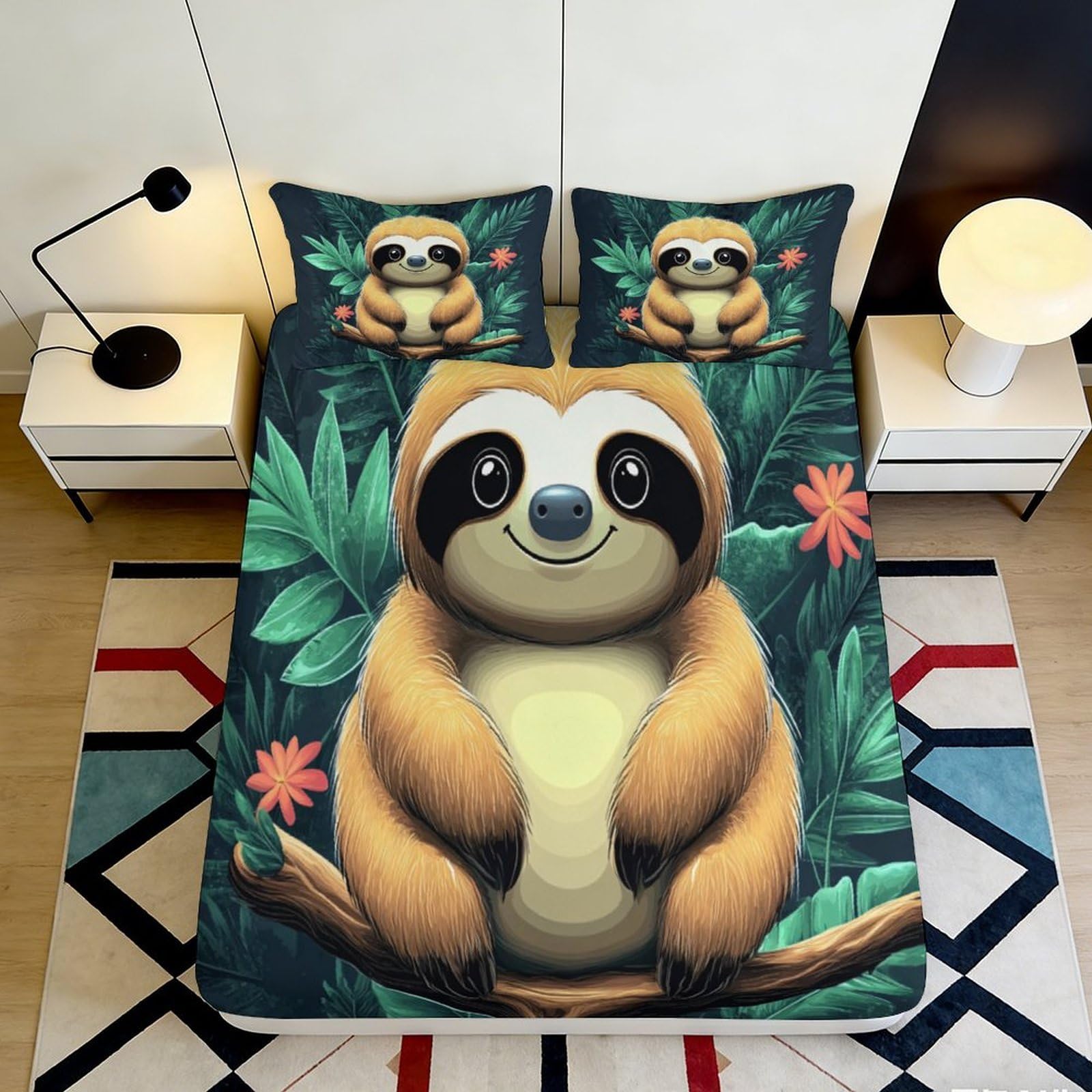 Pnayamiorkfel Style-5 3D Printed Cartoon Sloth Fitted Sheet Microfiber Soft Green Leaf Mattress Cover For Bedroom Dorm Easy Care Decor 90X200x25cm