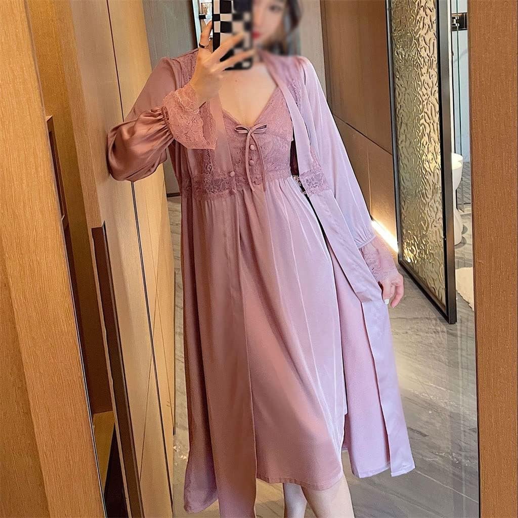 JSEIAJB Nightwear 2 Pieces Robe Set Femme Sleepwear Sexy Bathrobe&Chemise Nightgown Suit Lace Gown Intimate Lingerie(Large)