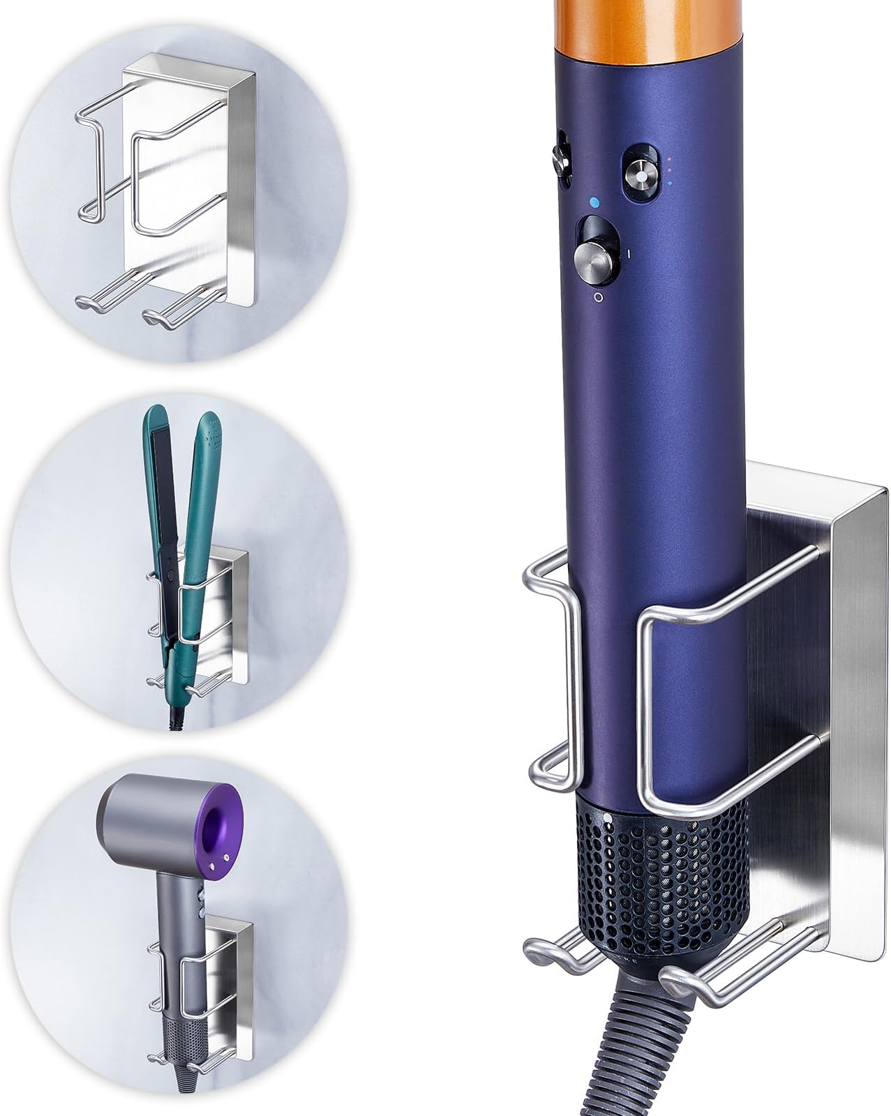 YYBO Hair Straightener Holder Wall Mount Holder for Curling Irons Styler Accessories Storage, Hairdryer Holder Wall Mounted, Adhesive Hair Dryer and Straightener Holder, Silver (1pack)