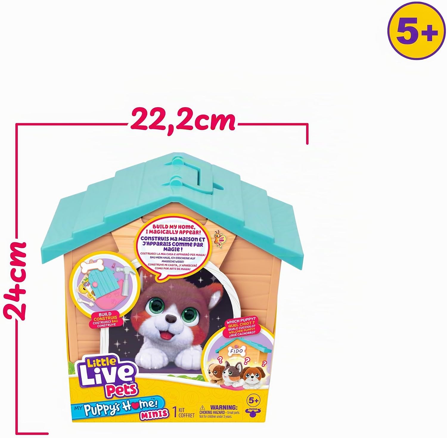 Little Live Pets Mini Puppy's Home toy set with a blue dog house and a brown and white puppy inside, showing dimensions.