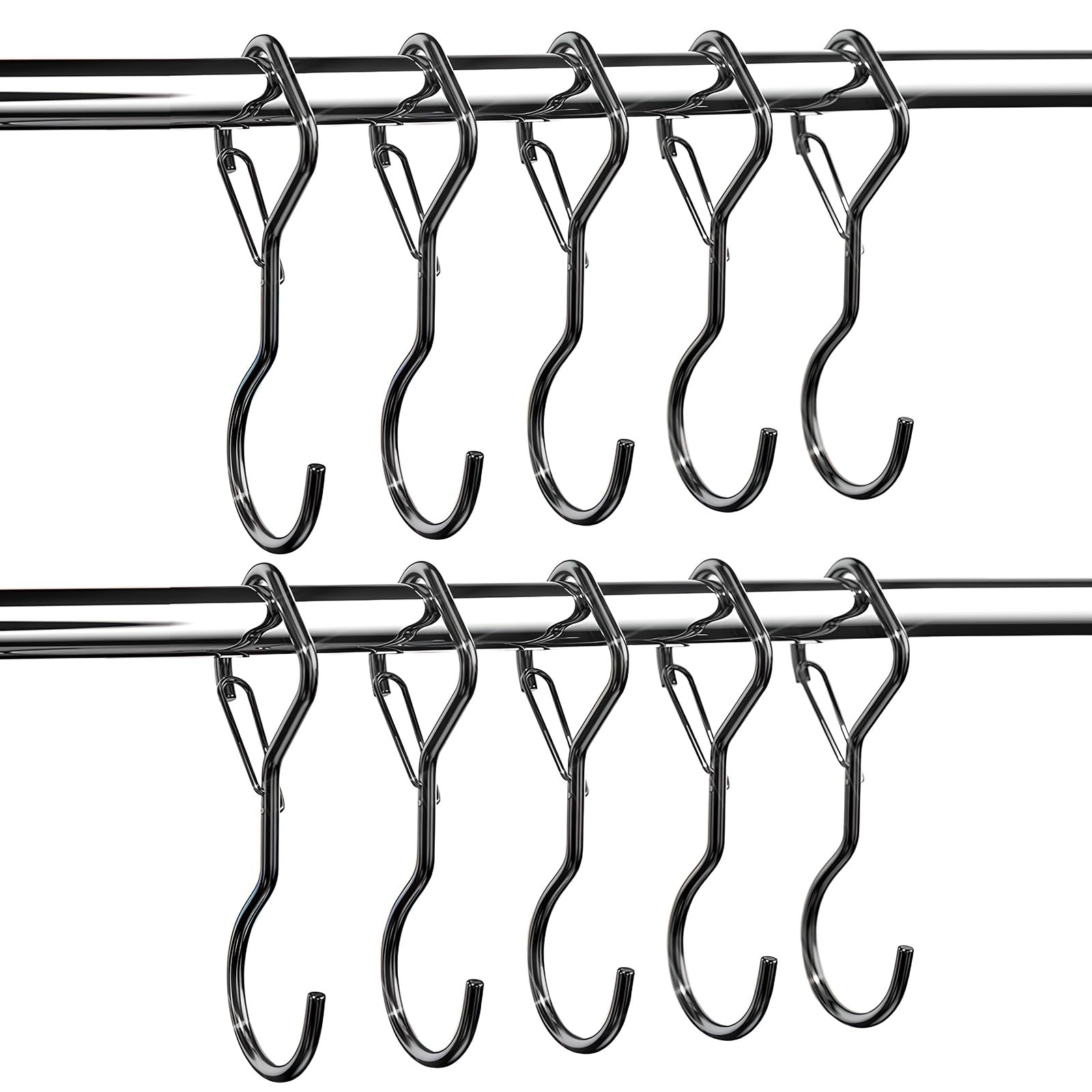 laveroar 10 Pack S Hooks, Black Heavy Duty Large 10cm Metal S Hooks with Safety Buckle Hanging for Plants Lights, Kitchenware