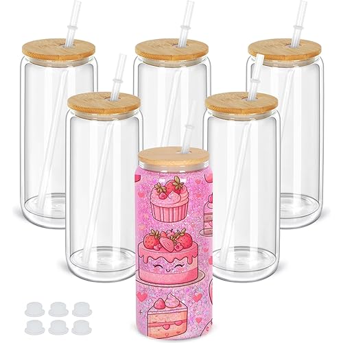 20 Oz Snow Globe Tumbler, 6 Pack Pre-Drilled Sublimation Glass Cup For Glitter Snow Globe Diy, Double Wall Sublimation Glass Tumbler
