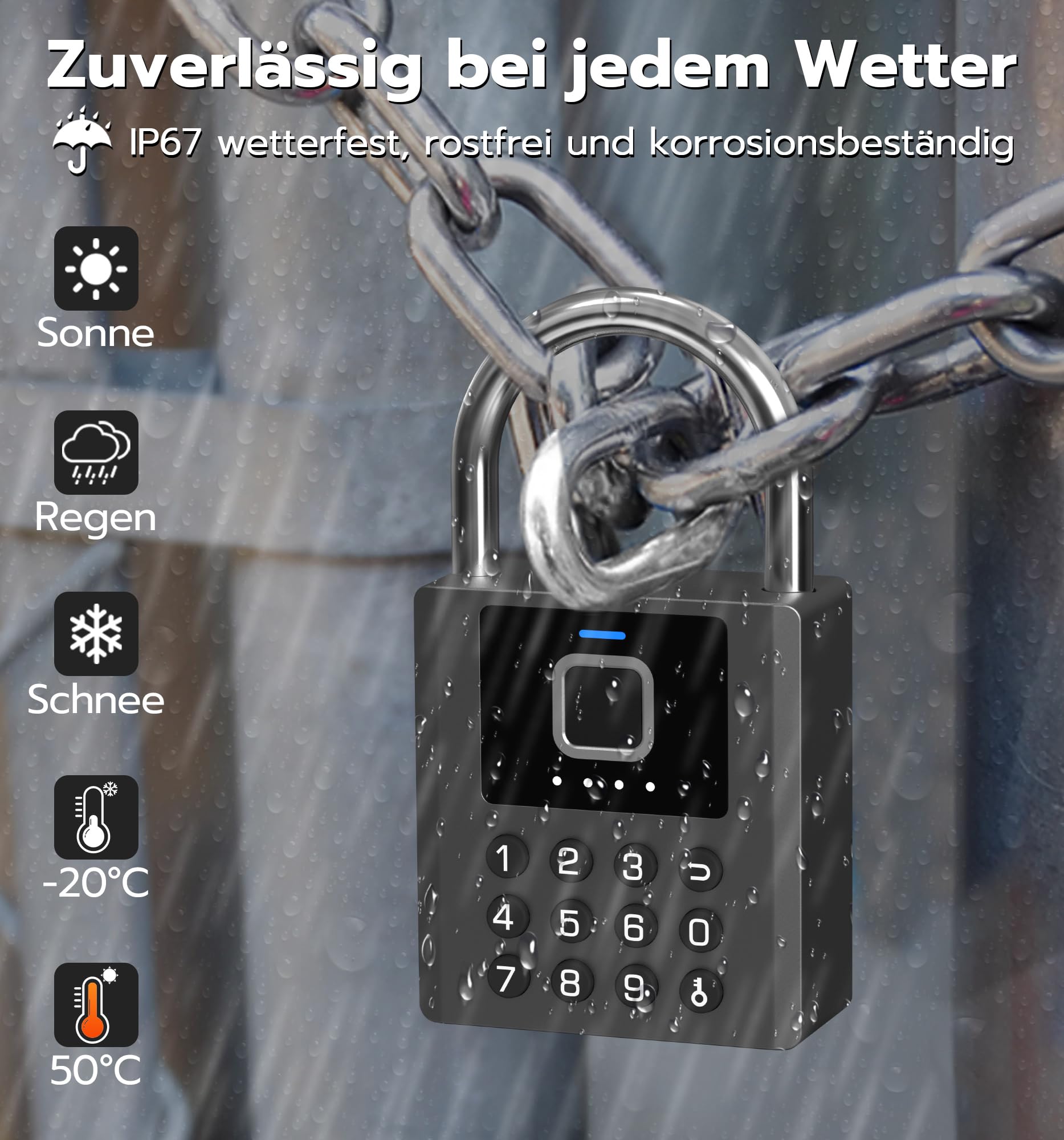 Smartes Fingerabdruck-Vorhängeschloss mit App & PIN-Code | 5-in-1 Öffnung mit Fingerabdruck, PIN, App, Apple Watch & Schlüssel. IP67 wetterfest, USB-C Akku für Garage, Garten & Spind.