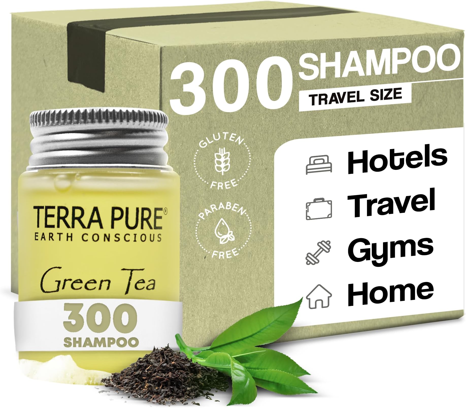 Terra Pure Travel Size Hotel Shampoo 300 Count 1 oz Bottles Guest Amenities for Hotels Vacation Rentals and Short Term Rentals Paraben Free Green Tea Scent Infused with Aloe and Olive Oil