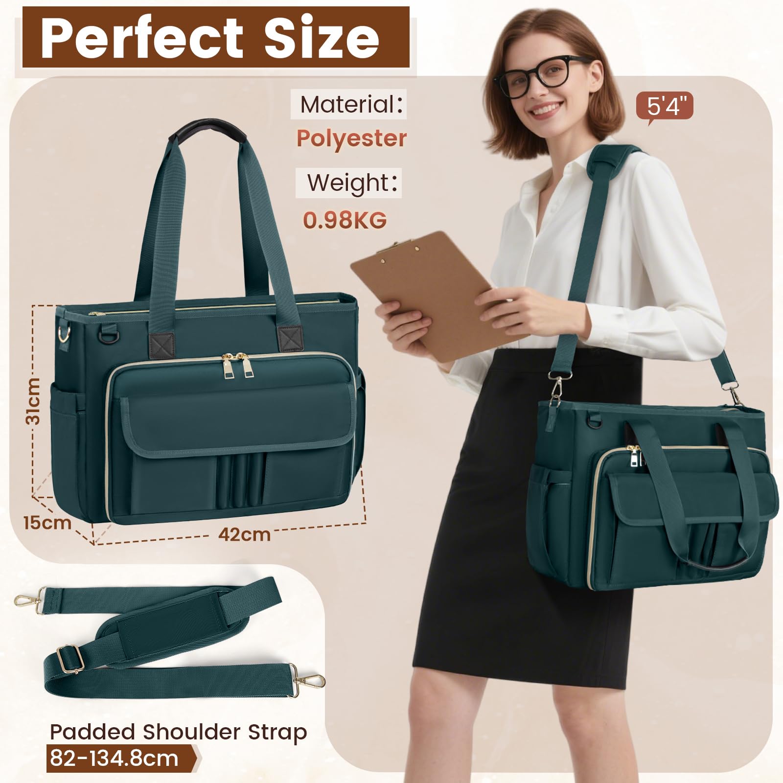 RAINSMORE Sac Fourre Tout pour Ordinateur 15,6 Pouces Sac de Professeur Grand Sac Cabas Femme pour Travail pour Enseignant d'infirmière d'étudiant
