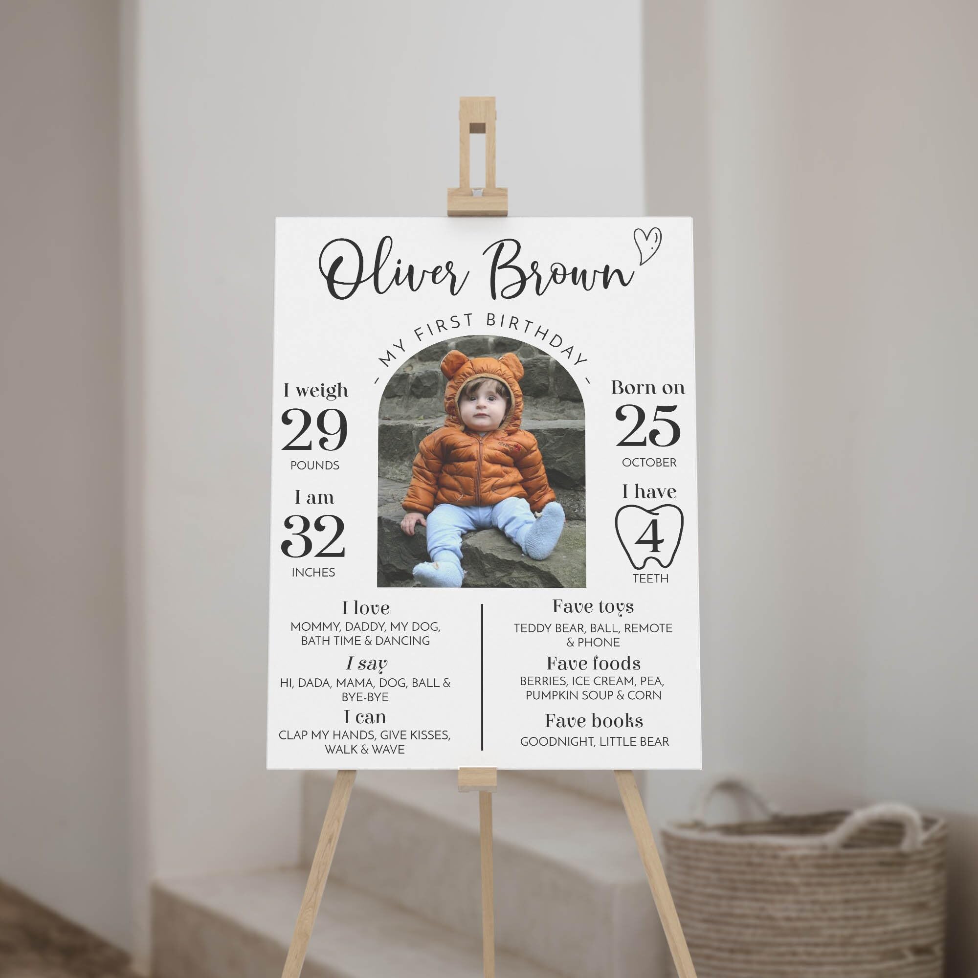Personalized First Birthday Milestone Sign, Modern 1St Birthday Milestone Poster, One Year Of Baby Photo Milestone Board CV128_HAQCVPM3076