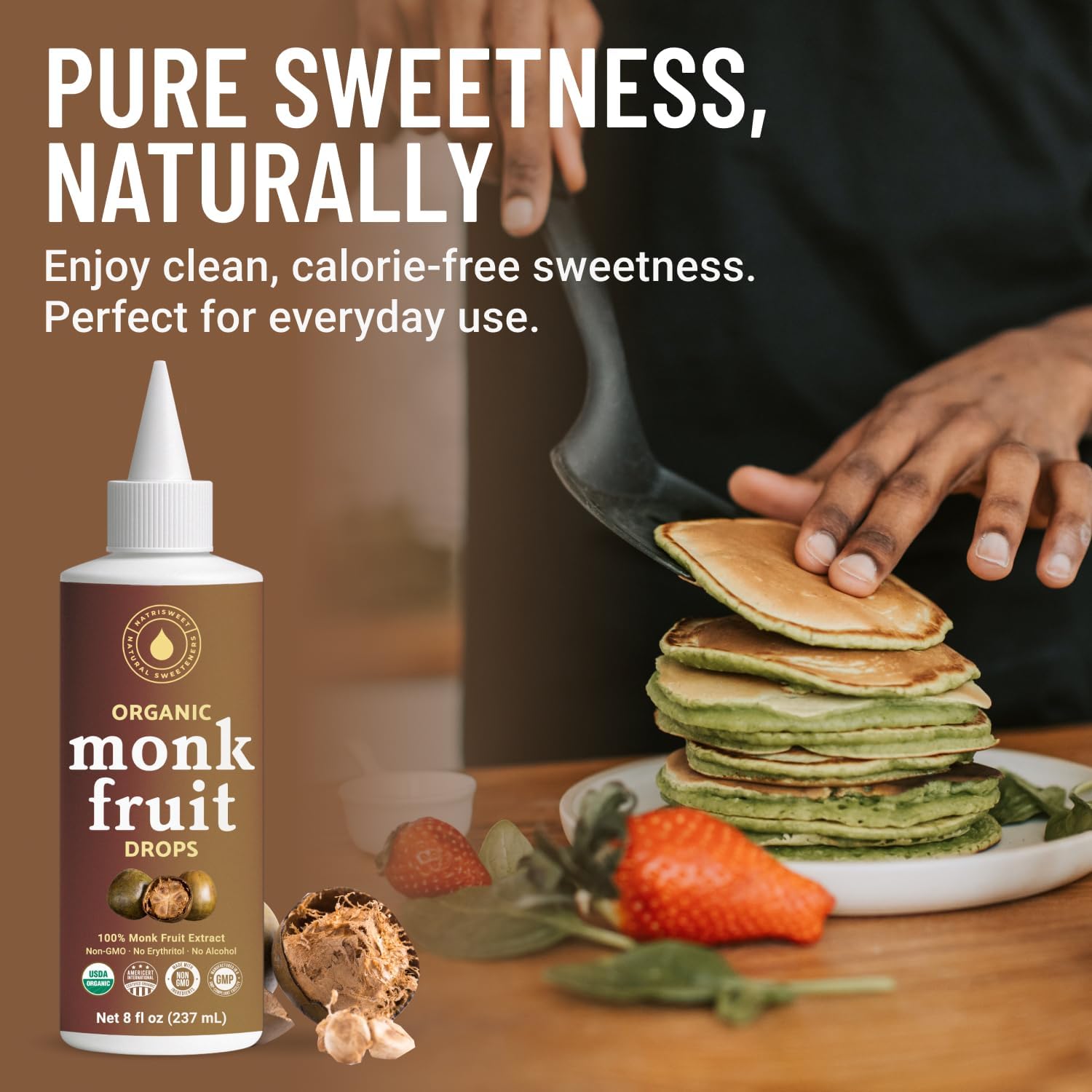 Organic Monk Fruit Liquid Sweetener Drops, 100% Pure Extract, Zero Sugar & No Erythritol, Original Flavor Liquid Monk Fruit for Coffee, Tea, Drinks & Baking, 8 fl oz
