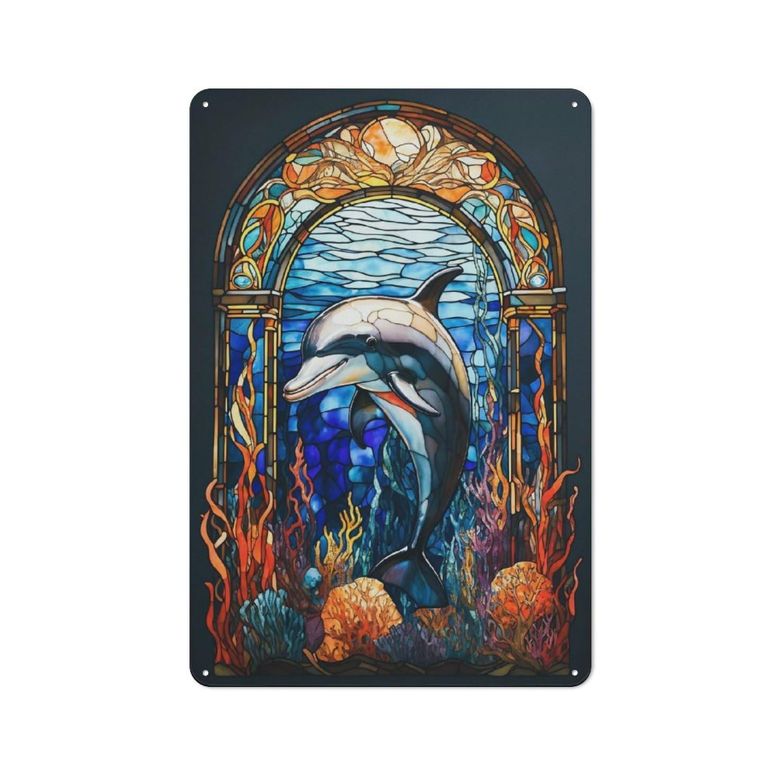 Nostalgic Decorative Tin Sign 30x20cm Featuring Dolphin, Old Style Wall Plaque for Kitchen, Hallway, Bar Or Small Cafe