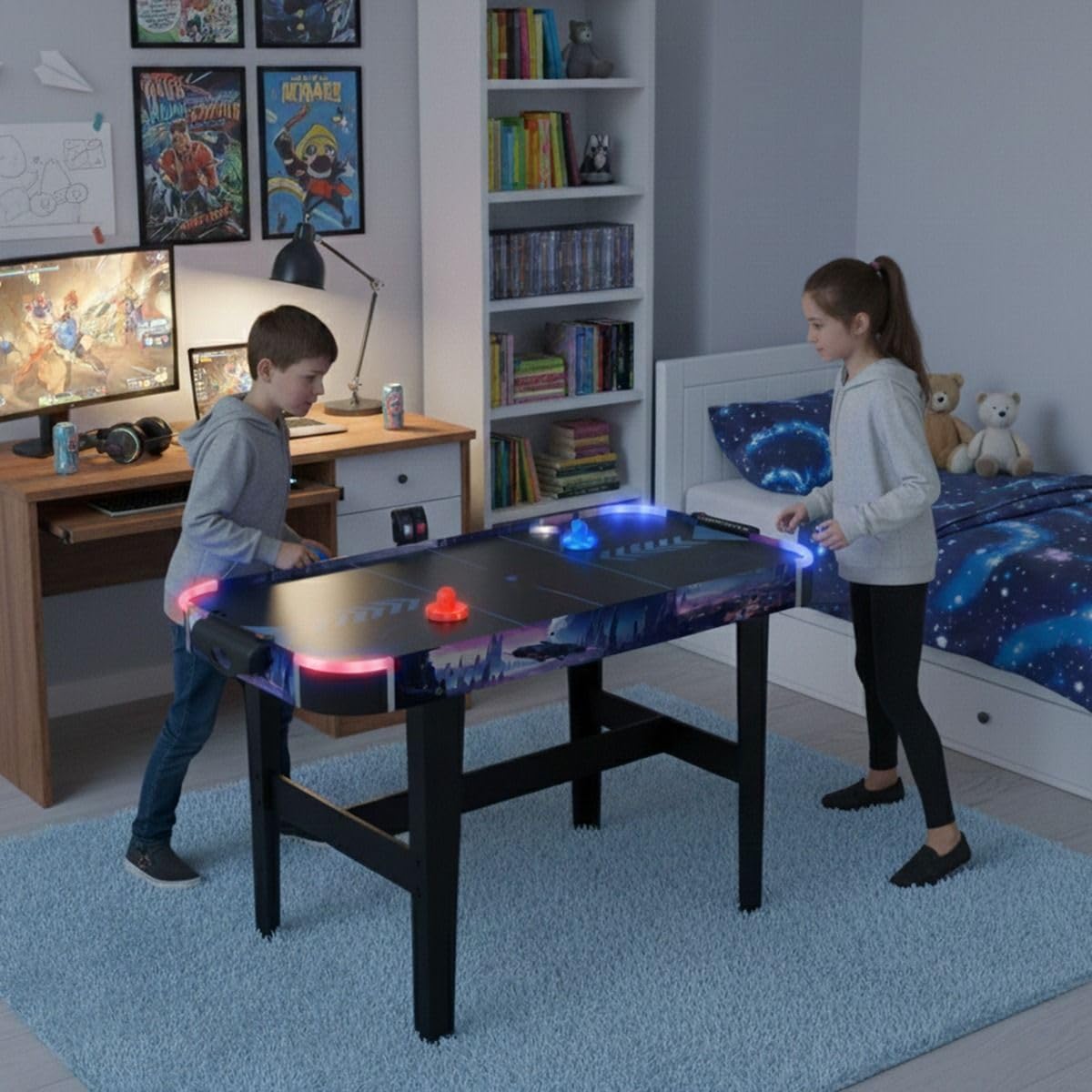 LED-Airhockey Spieltisch von FASports, Air Hockey Kinder/Jugendliche ab 8 Jahren, Airhockey Spieltisch mit Luft inkl. leuchtende Pusher und Pucks