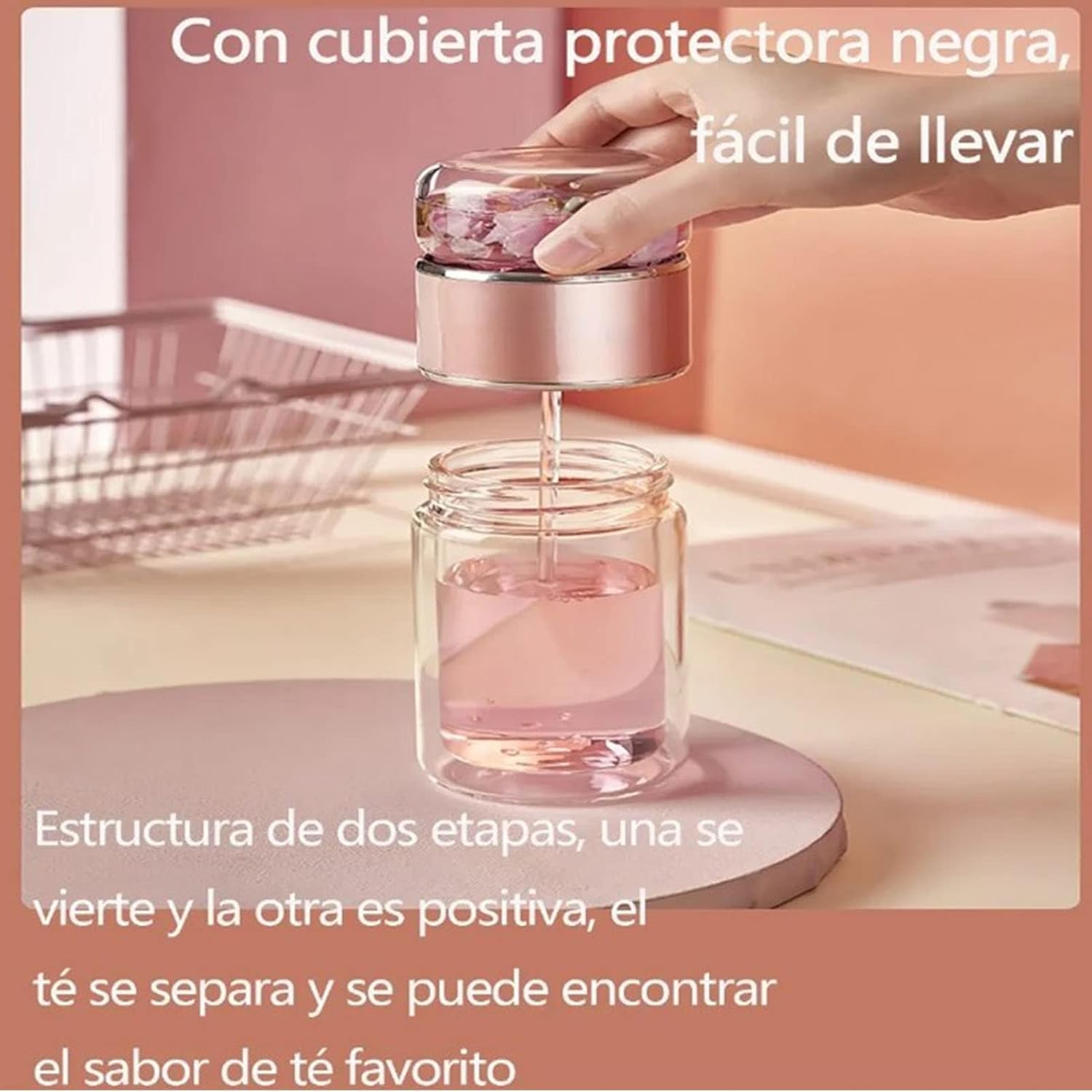 Tea InfuserBottle, 420ml/14oz Double Layer Stainless Steel Leakage Proof Glass Water Bottle Travel Water Separation Tea Bottle Mug Cup for Office Travel Home(rose gold) - Image 5