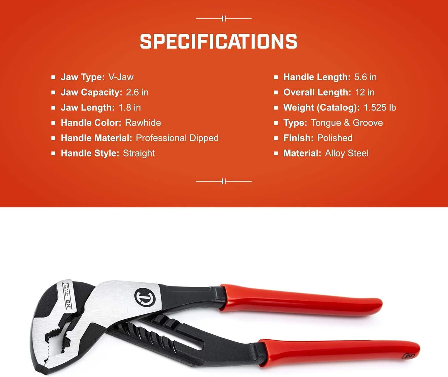 Crescent Z2 K9 V-Jaw Dipped Handle Tongue & Groove Pliers - Home Improvement, Mechanic, Plumbing & Repair Hand Tool - 12" - RTZ212V