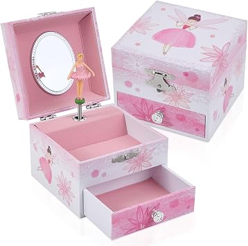 Girls Musical Jewelry Box with Drawer and Spinning Ballerina,Fairy Disign Kids Music Box for Little Girls Gifts Jewel Storage for Kids Ages 3-10