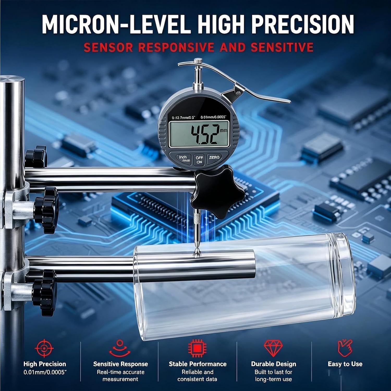 Medidor digital de espesor de pared, herramienta de medición de pared de botella de 0 a 12,7 mm, con soporte ajustable, para laboratorio. (1000%)