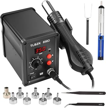 858D 100V Reworkstation, SMD Soldering Station and Hot Air Heat Gun, Digital Soldering Station Iron Holder with 8 Nozzles for Electronics Repair