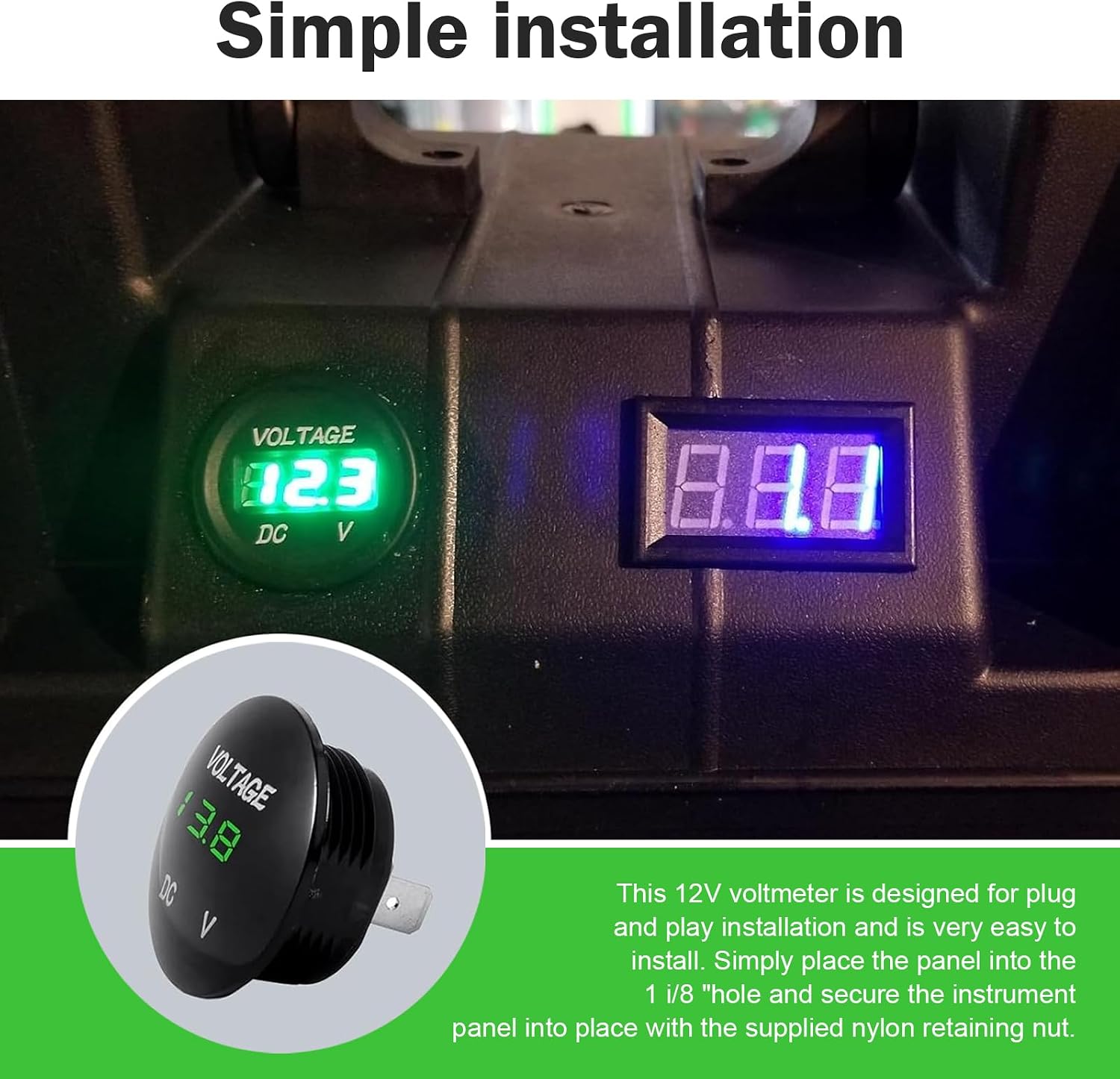 Car Voltmeter Gauge, DC 12-24 V LED Digital Voltage Meter, Waterproof Mini Round Monitor with Anti-reverse Protection, Portable Tester for Most Cars Motorcycles Trucks (Green)