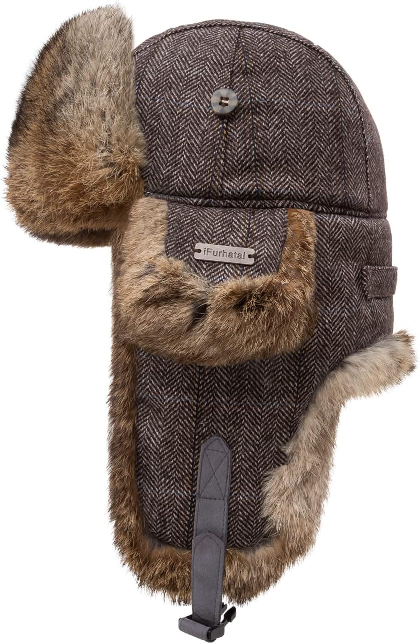 100% Real Rabbit Fur Winter Trapper Hat for Men Women Russian Fur Ushanka Aviator Hat Mens Trapper Hat