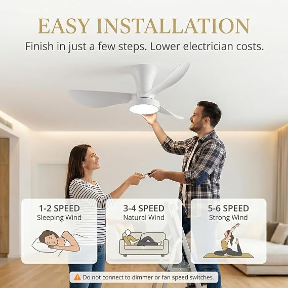 LEONTYNE Ceiling Fan with Light Remote, 22W 2200LM Dimmable LED 3000K-6500K, 6 Speed Quiet Reversible DC Motor, Timer Memory, Low Profile Fan Light for UK Small Bedroom Kitchen Living Room,31 Inch [Energy Class E]