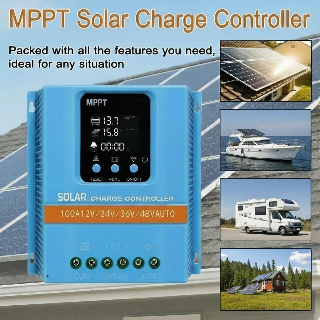 Regulador Solar 100A MPPT/PWM Híbrido | Detección Automática 12V/24V/36V/48V | Pantalla LCD & Dual USB | Para Baterías de Litio (LiFePO4) y Plomo | Ideal para Autocaravana, Casa y Huerto