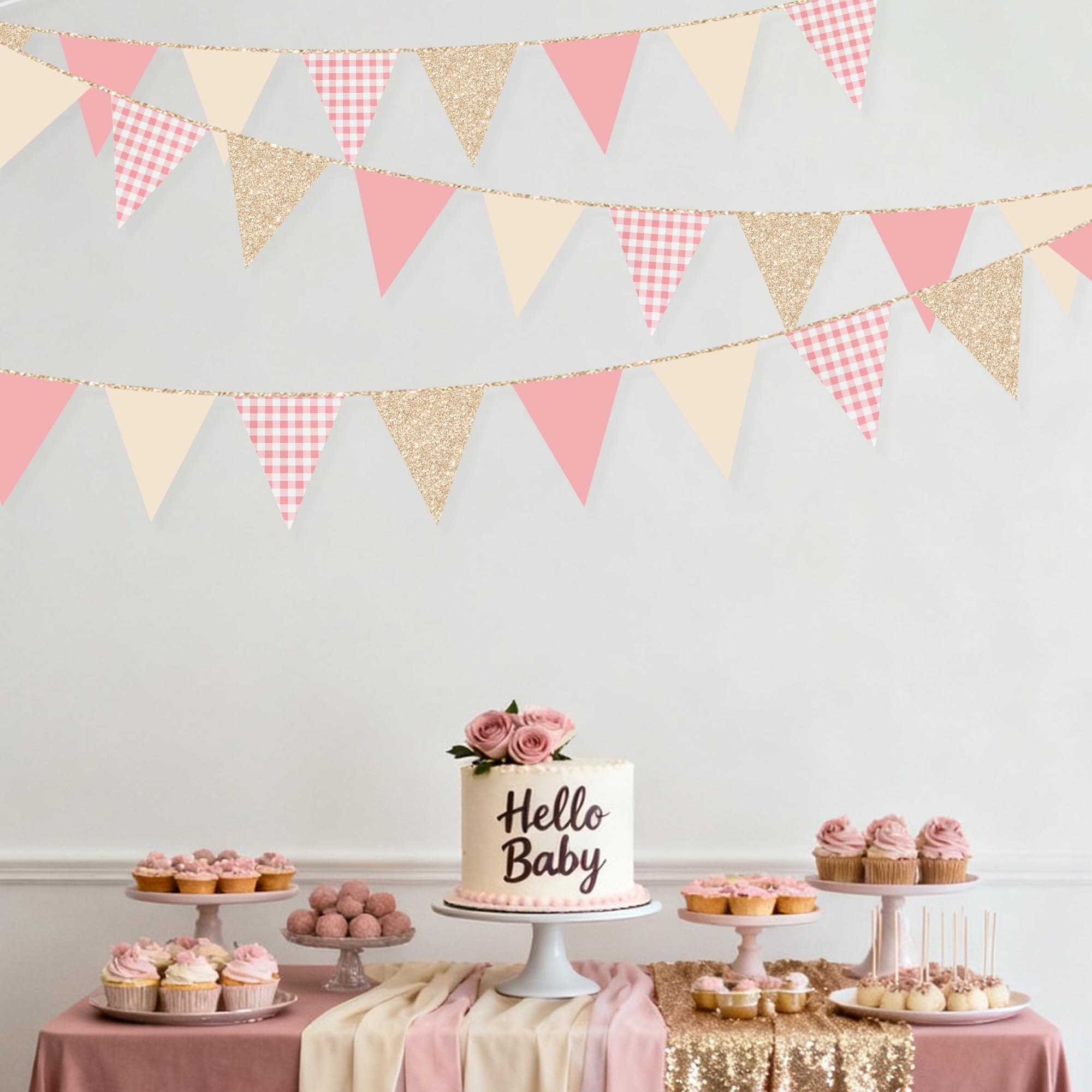 Dusty Rose Pink Buffalo Plaid Champagner Gold Party Dekorationen Wimpel Banner Flagge Hängende Glitzer Papier Dreieck Wimpelkette für Frauen Mädchen Geburtstag Babyparty Hochzeit Brautparty