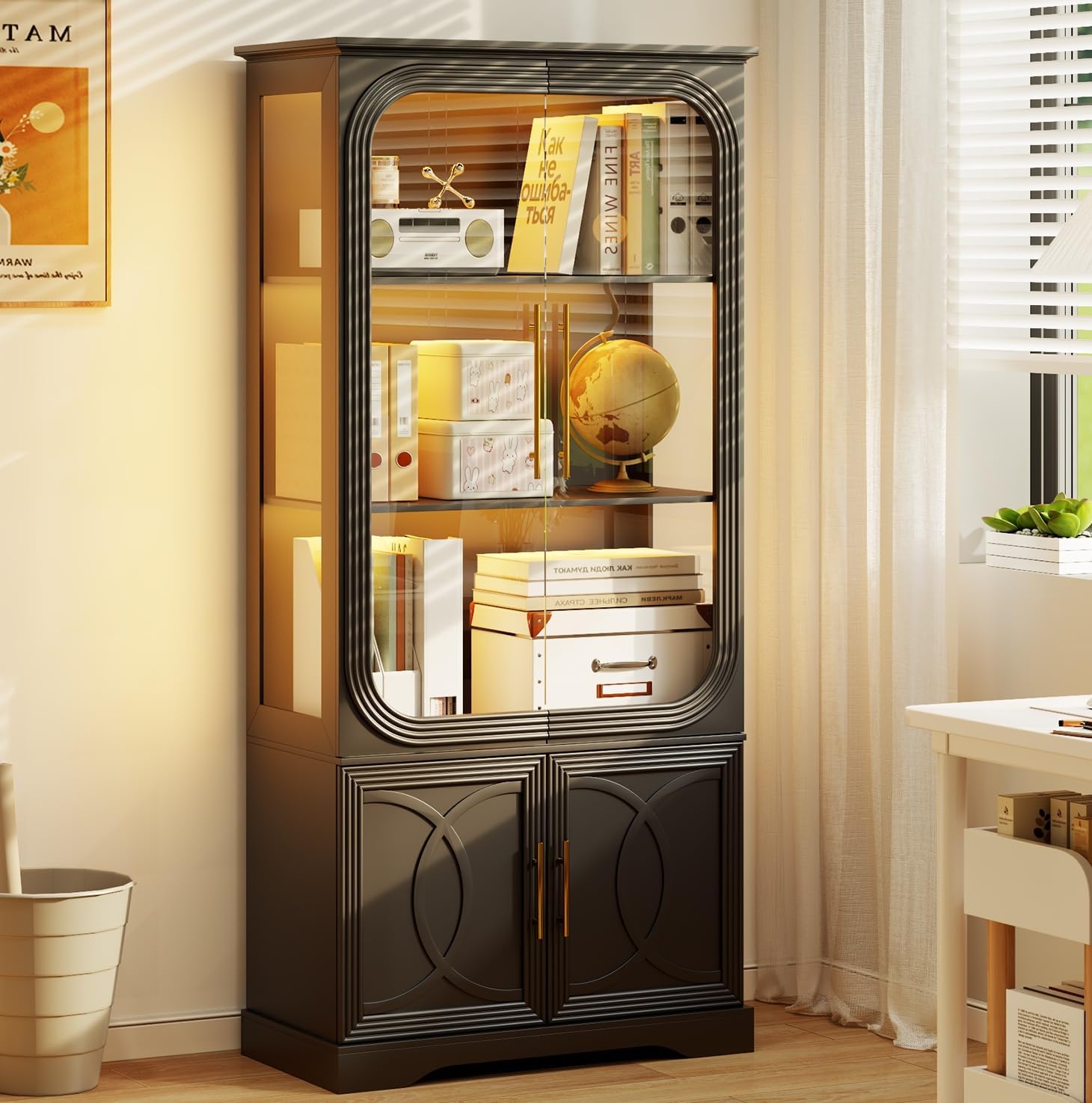 HOMEFURNITURE 69" Glass Curio Display Cabinet with LED Lights & Human Sensor - Black 5-Tier Bookcase for Collectibles, Kitchen Pantry