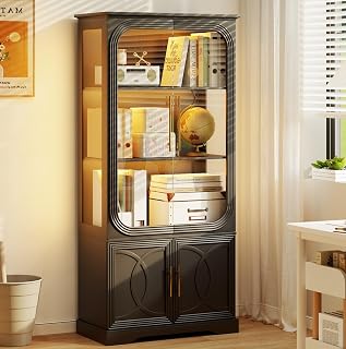 HOMEFURNITURE 69" Glass Curio Display Cabinet with LED Lights & Human Sensor - Black 5-Tier Bookcase for Collectibles, Kitchen Pantry