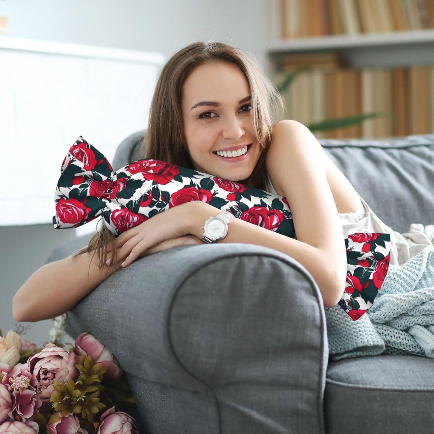 Rose Flower Floral Picture Print Candy Cylindrical Eco-Friendly Pillow Soft Velvet Living Room Bedroom Travel Decor