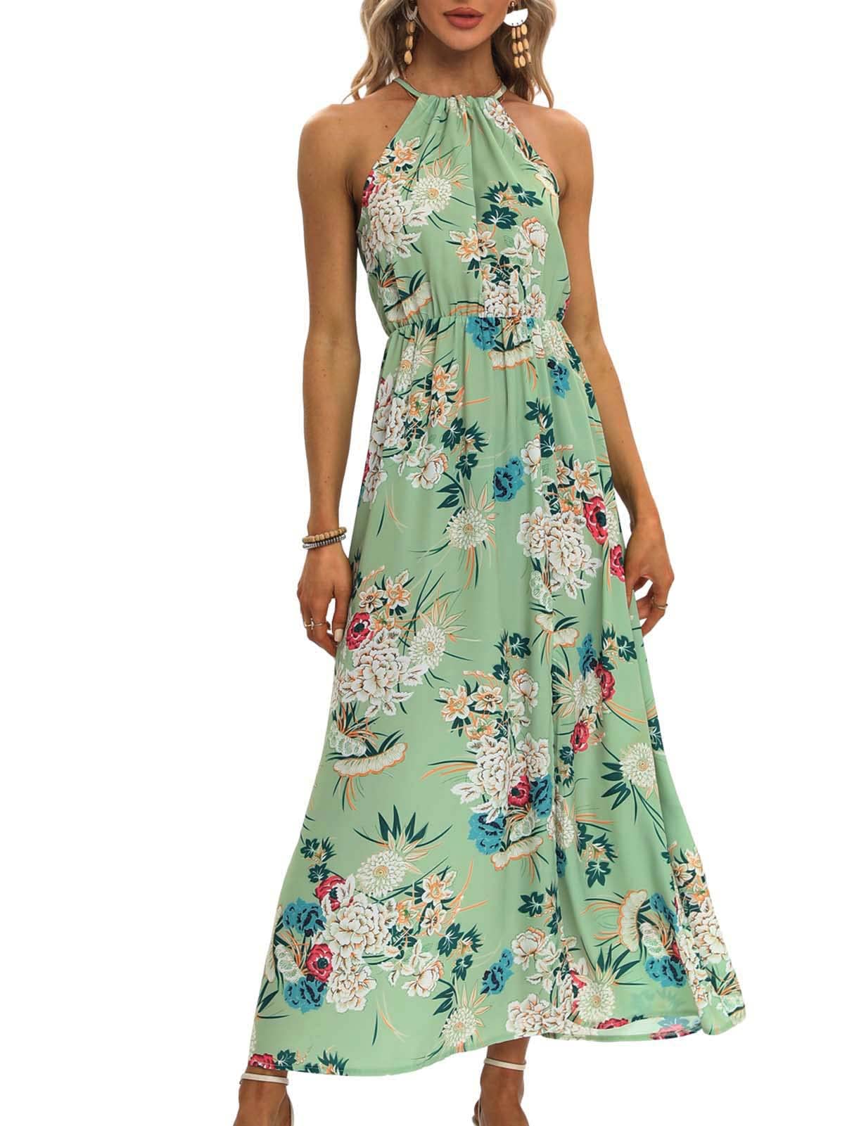 chuangminghangqi Vestido Estampado De Verano Largo Vestido Elástico de Cintura Vestidos Elegante Largo con Apertura y Tirantes Ajustables Hasta El Cuello Maxi Vestido De Mujer Curvas de Ceremonia