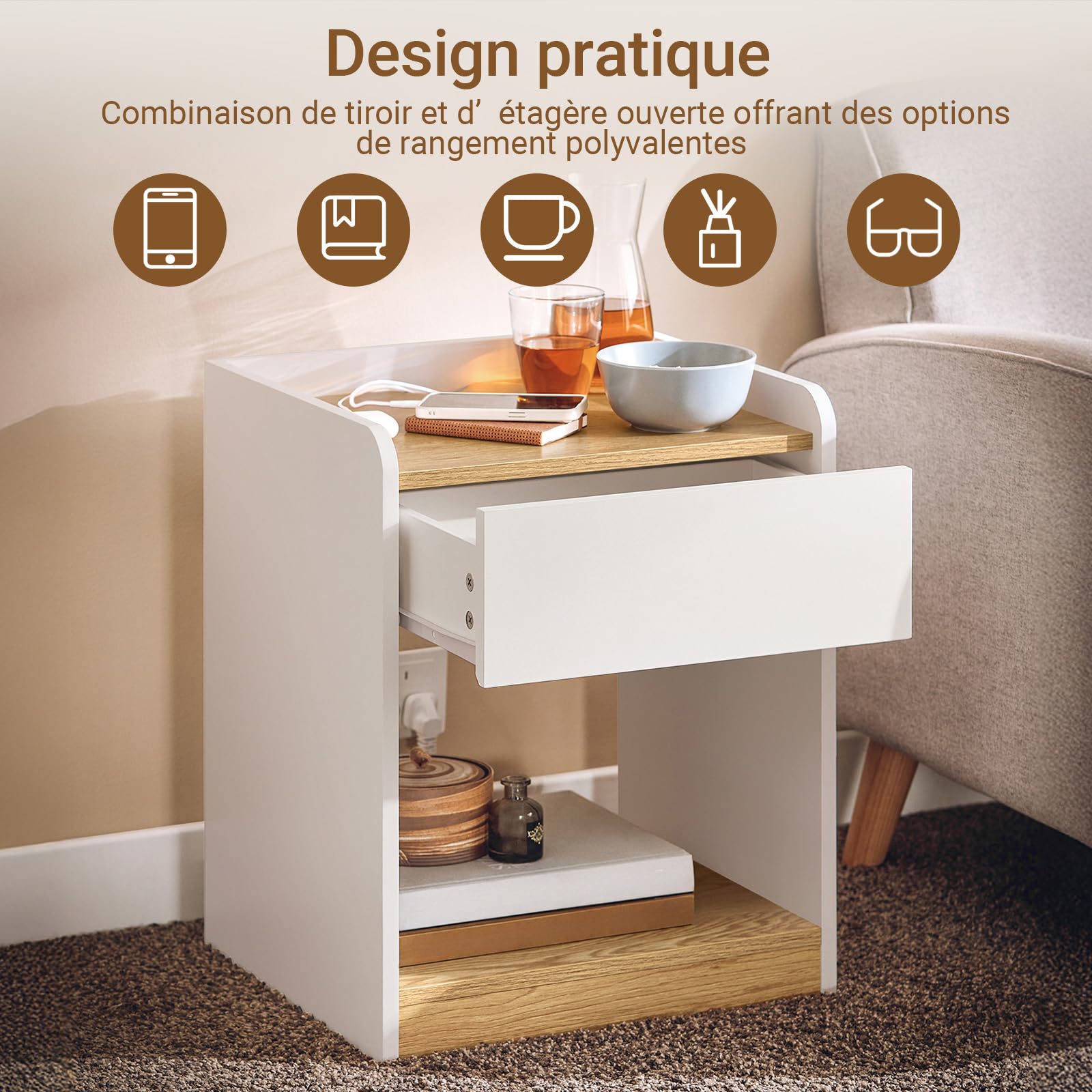 SoBuy Table de Chevet avec Gestion Câbles et Tiroir 45x40x55 cm