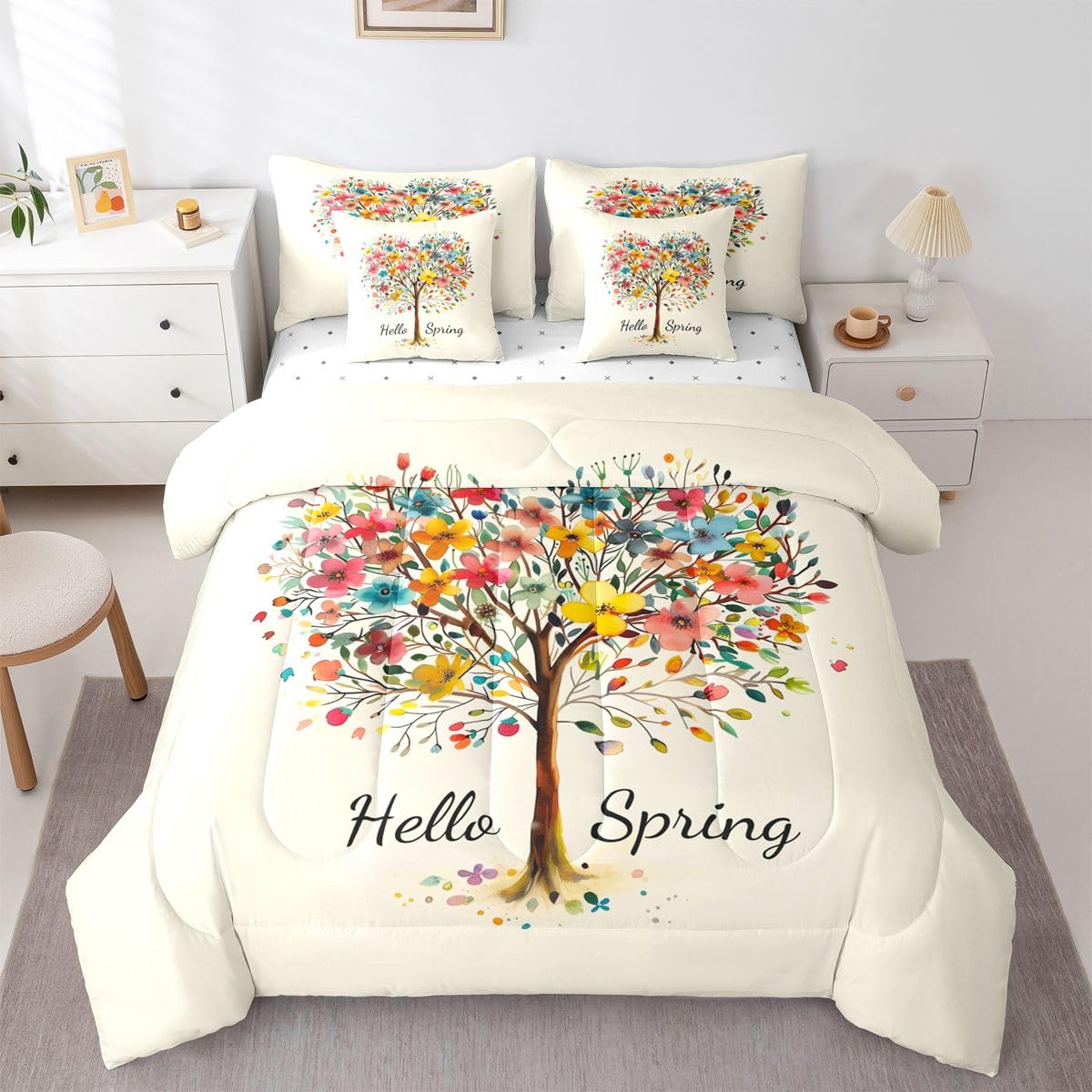 Castle Fairy Spring Tree Comforter Set Twin Size 7 Pcs,Cute Flowers Leaves Bedding Set for Woman Girls Teens Bedroom Decor,Rustic Botanical Plants Bed in a Bag with Comforter,Sheets and Pillow Cases