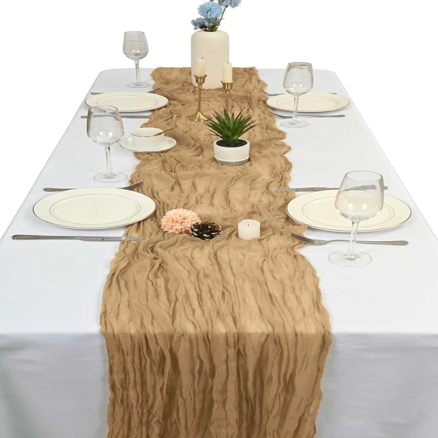 12 Pack Cheesecloth Table Runner 20 x 120 Inch Beige Boho Gauze Cheese Cloth Table Runners 10 FT Long Rustic Sheer Table Decorations for Wedding Party Baby Bridal Shower Birthday Holiday Home