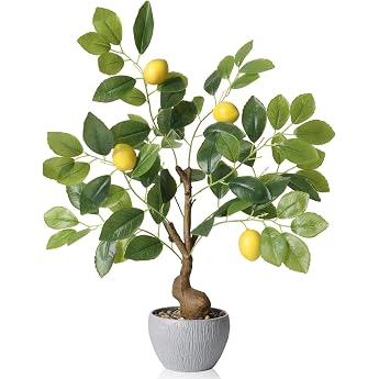 TOARTi Artificial Lemon Tree Potted Plant with Stone Pot Lemon Bonsai Tree Artificial Plant Table Plant Realistic Green Plant Decoration for Home Bedroom Bathroom Office Table 19.5 x 13 x 36.5 cm