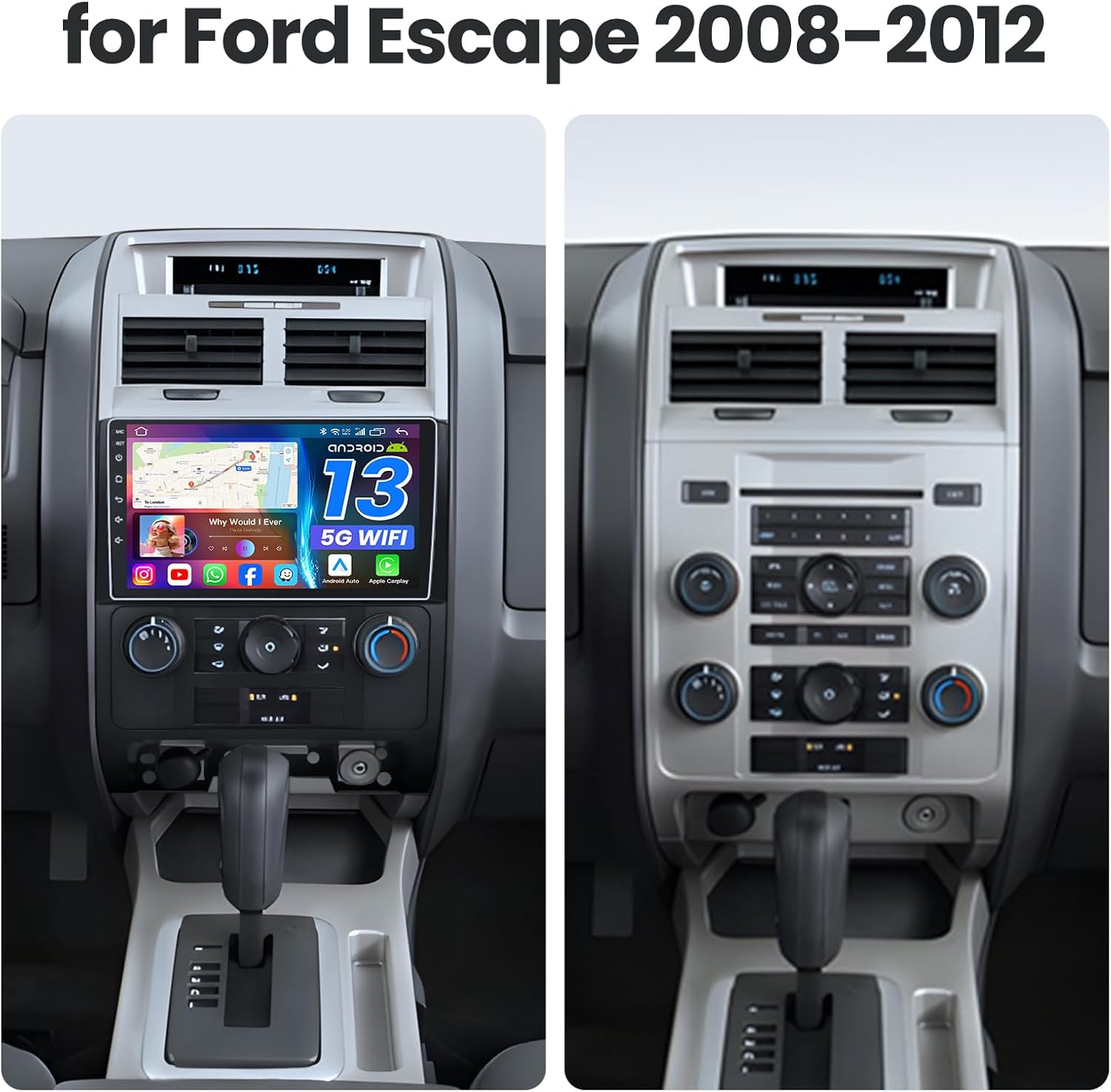 Car Radio for Ford Escape 2008-2012: 2G+64G Upgrade 9" 1280x800 IPS Touchscreen Stereo, Android 12 Head Unit with Wireless Carplay & Android Auto, Support 5GWiFi GPS FM RDS BT SWC 1080P Backup Camera