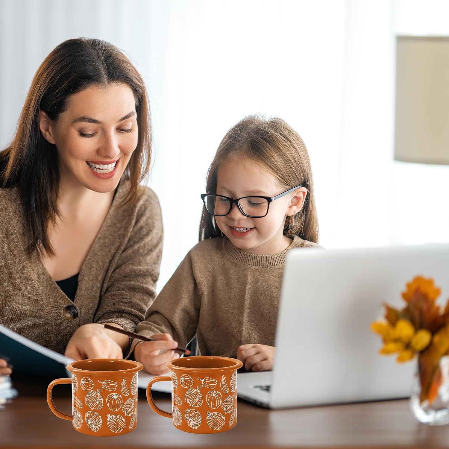 Whaline 2Pcs Fall Mini Coffee Mugs 12Oz Hello Pumpkin Enamel Cup with Handle Orange Autumn Pumpkin Drinking Mug for Birthday Party Favor Supplies