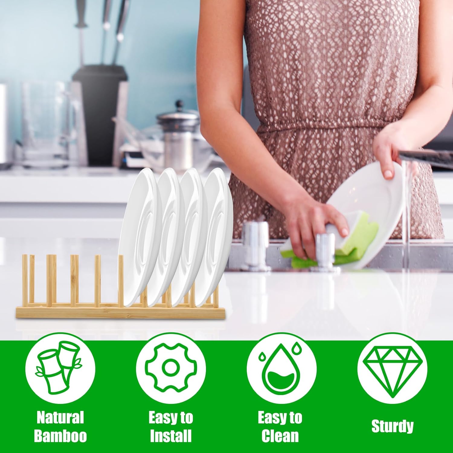 6 Pack Bamboo Dish Dying Rack 8-Slot Wooden Plate Stand Holder Pot Lid Organizer Home Kitchen Cabinet Drainer Storage Racks for Dish, Pots, Lids, Bowls, Cups, Cutting Boards, Books - Image 4