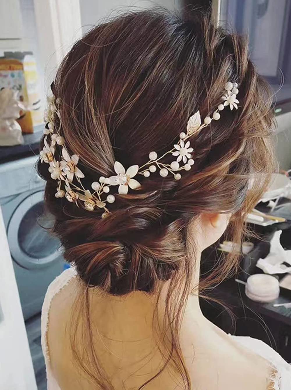 Gold Bridal Headpiece Pearl Crystal Flower Hair Vine for Weddings and Formal Eve Amazon.com : JAKAWIN Bride Flower Wedding Hair Vine Crystal  main image 4