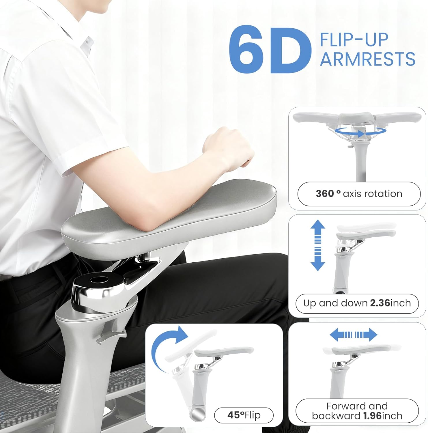 Illustration of 6D flip-up armrest adjustments