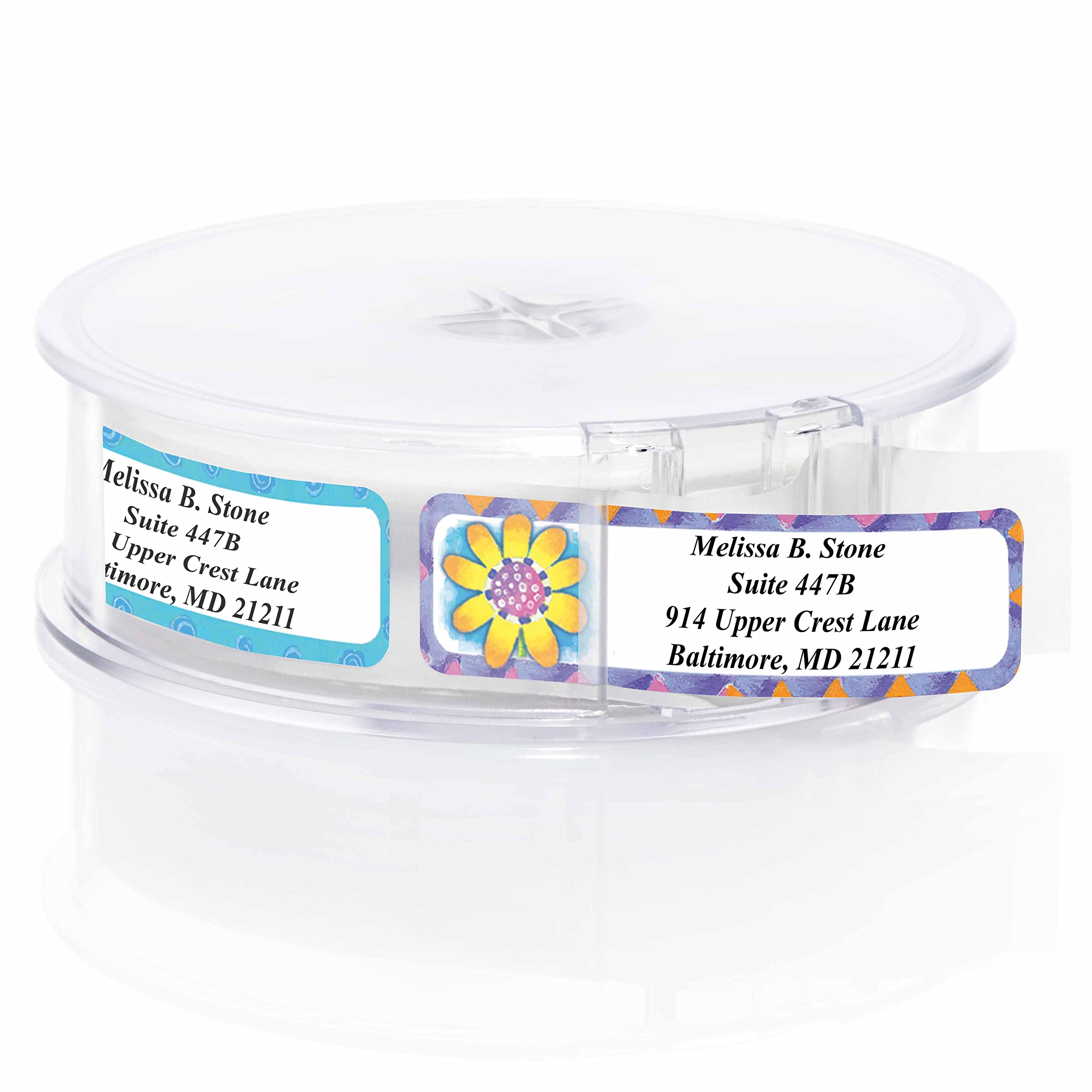 Imagination Assorted Designer Rolled Address Labels with Elegant Plastic Dispenser