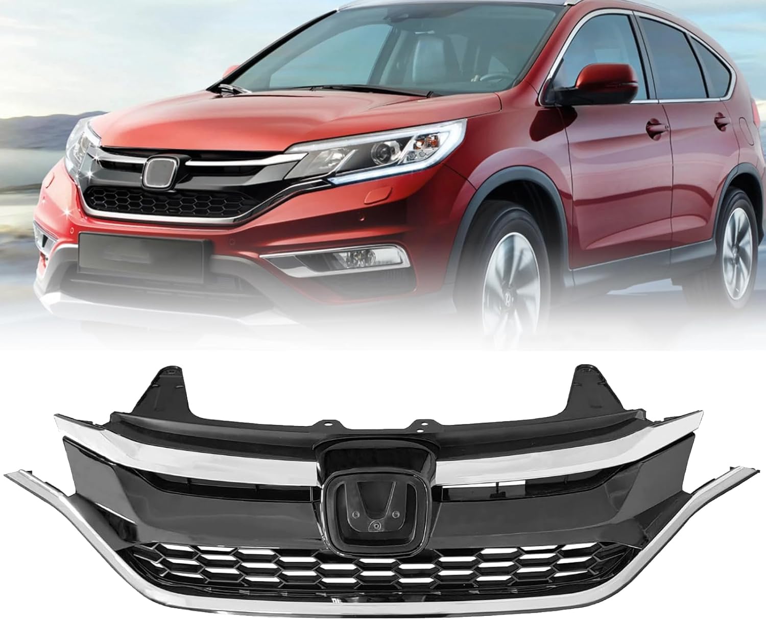 Front Bumper Grille For 2015 2016 Honda CRV CR-V Black With Chrome Trim Honeycomb Mesh Upper Grill