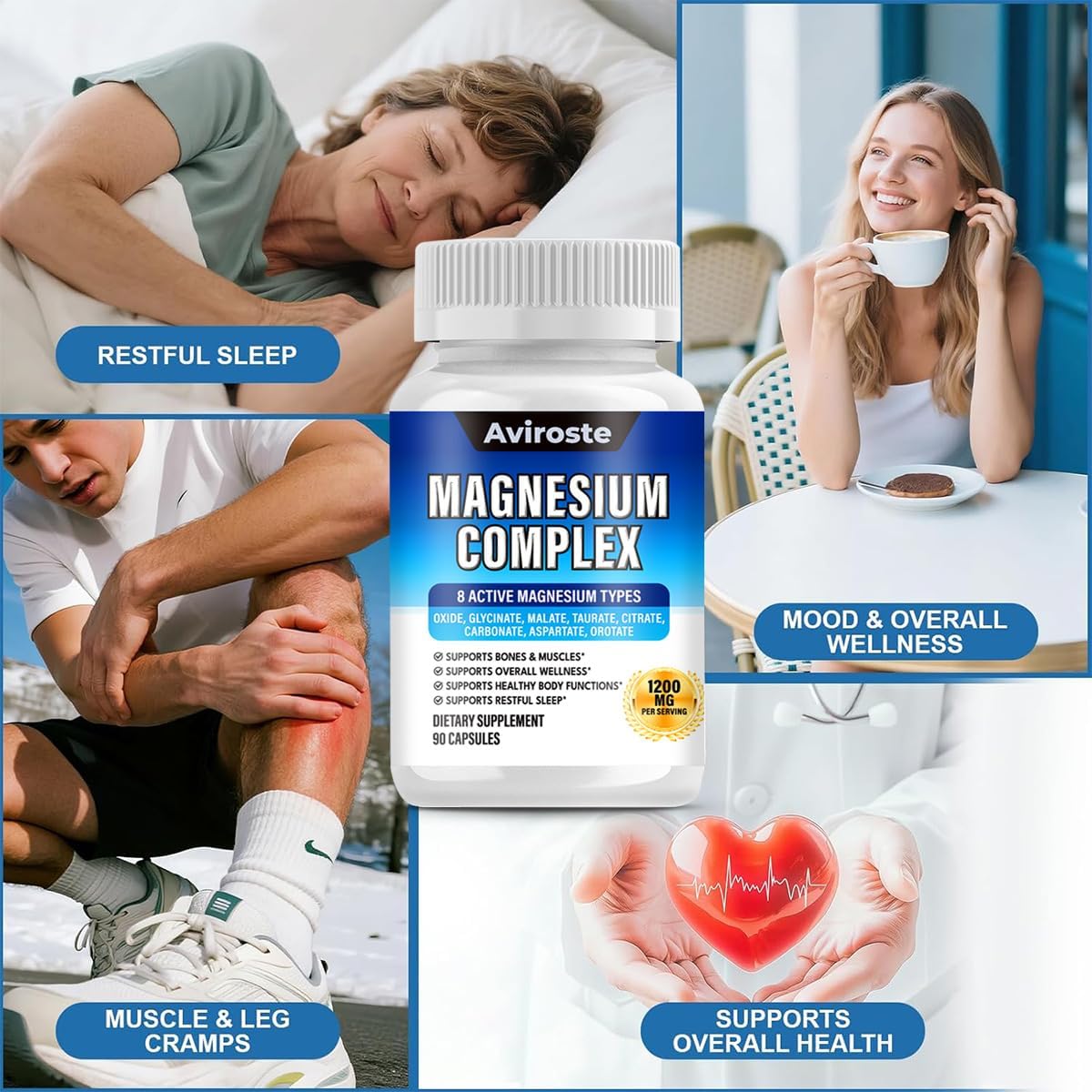 8 in 1 Magnesium Complex Supplement - 8 Elemental 1000mg - Magnesium Glycinate, Citrate, Malate, Taurate - High Absorption,for Muscle, Nerve & Sleep Support - 90 Capsules