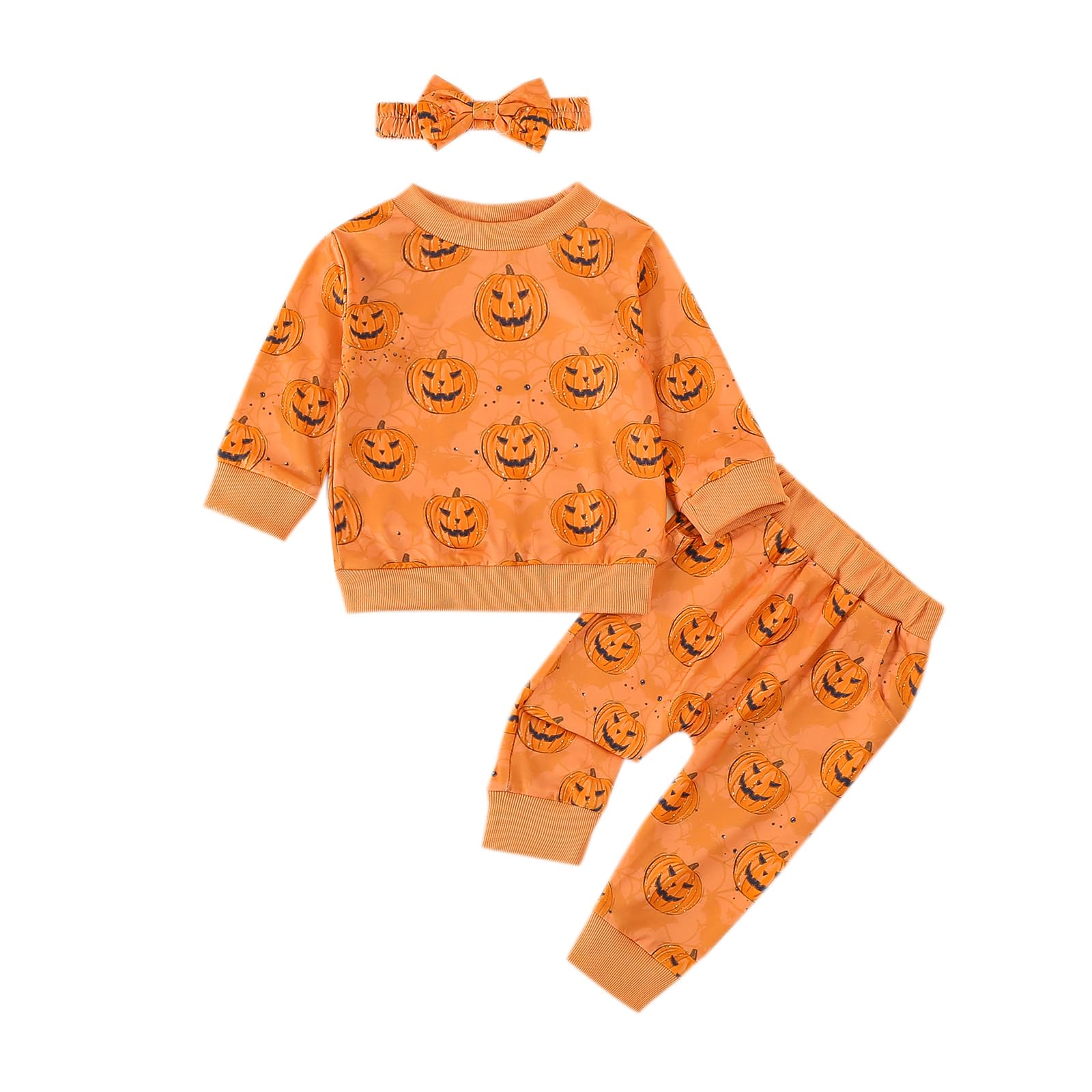 Ursobutegl Toddler Baby Girl Halloween Outfit Pumpkin Sweatshirt Pullover Tops Long Pants Sweatsuits Fall Winter Clothes (Orange, 3-6 Months)