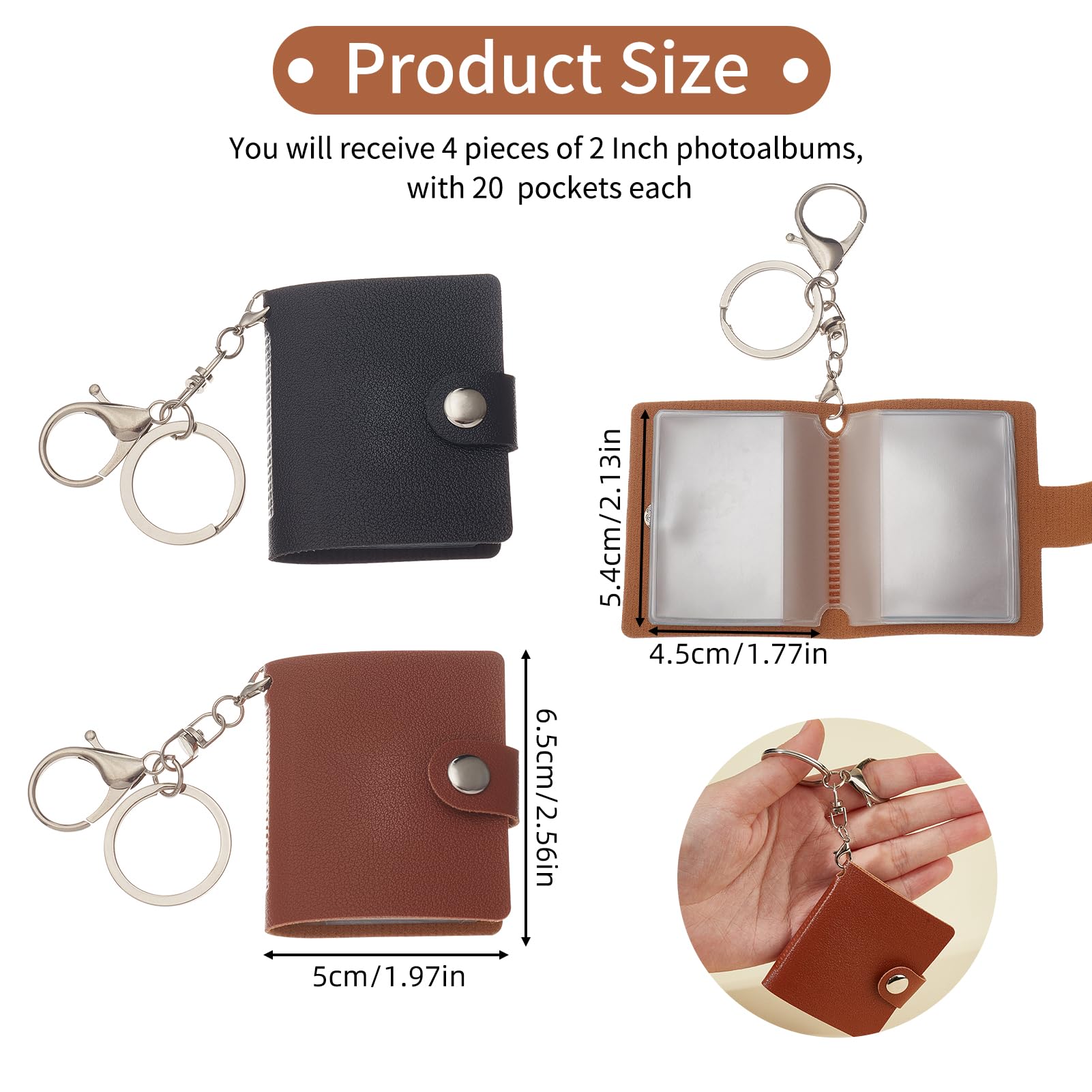 NICENEEDED 4 PCS Mini Small Photo Keychain, Black Brown Photo Album Keyring, Personalized Small Photo Album Binder Key Chain with Lobster Clasp for ID Cards Pictures Bank Card