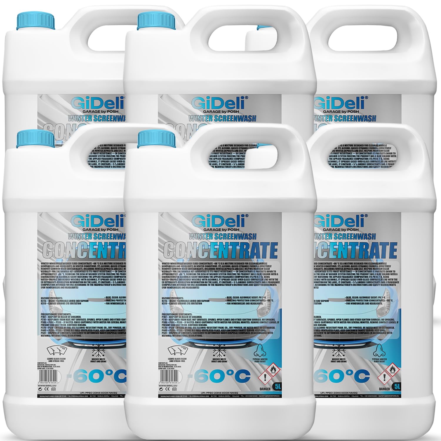 GiDeli Scheibenfrostschutz Konzentrat 6 x 5L – Frostschutzmittel -60 °C - Wischwasser für Frostschutz - Winter Scheibenreiniger