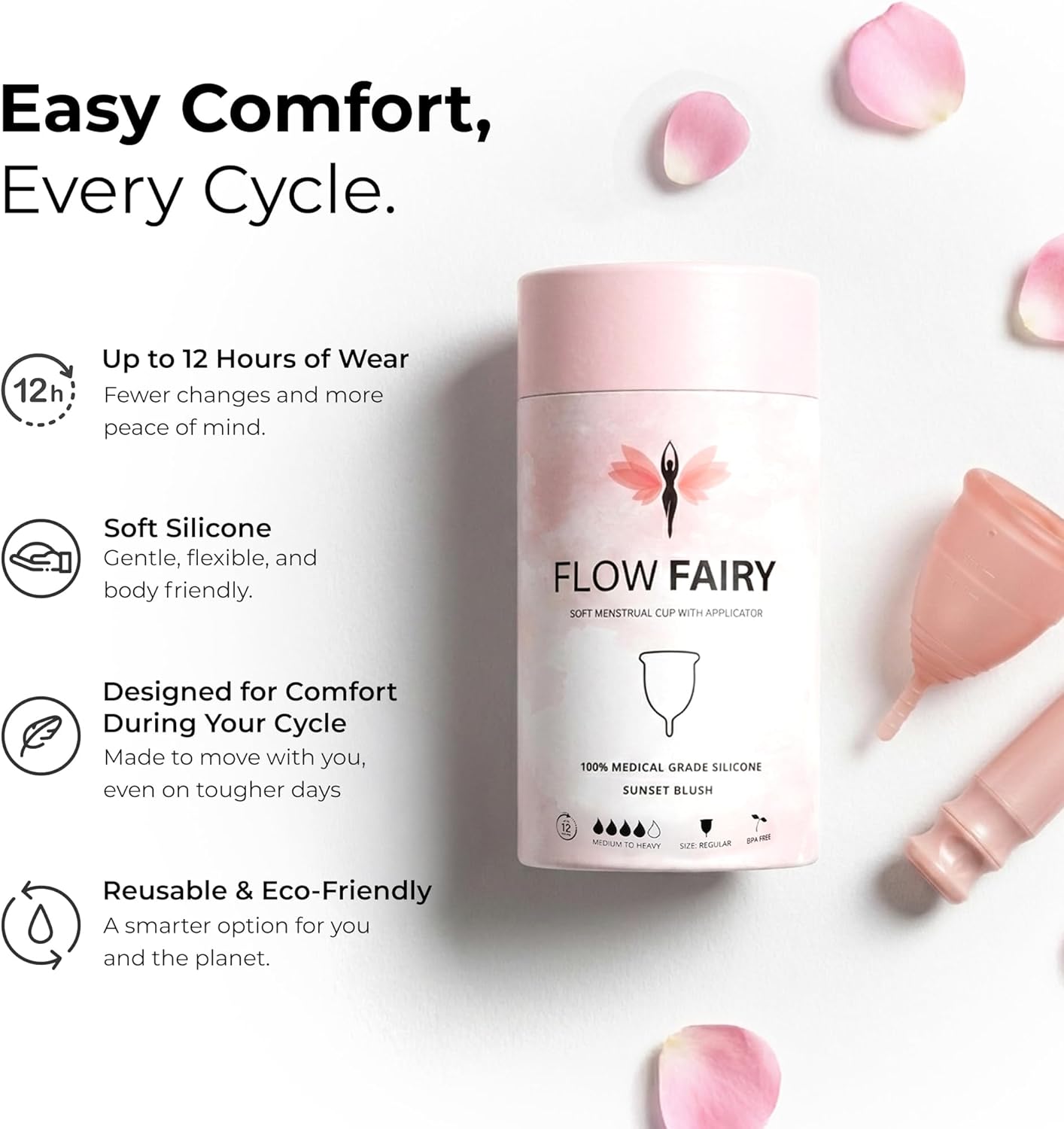 Menstrual Cup with Applicator – Reusable 100% Medical-Grade Silicone Period Cup for Beginners – Leak-Free, Eco-Friendly, BPA & Latex Free, Up to 12-Hour Protection (Small)