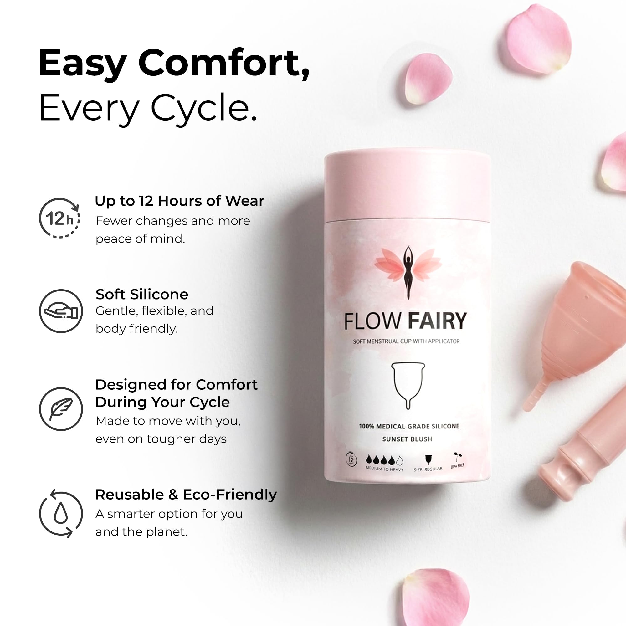 Copa menstrual y aplicador, copa menstrual reutilizable, hecha para una protección cómoda y sin fugas hasta 12 horas, sin BPA ni látex, incluye copa y aplicador de copa menstrual (pequeño)