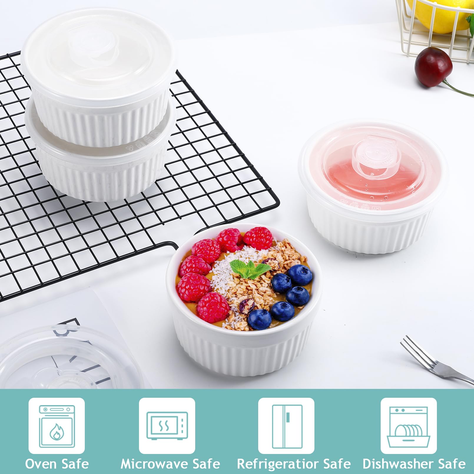 Lot de 6 ramequins de 237 ml avec couvercles (blanc)