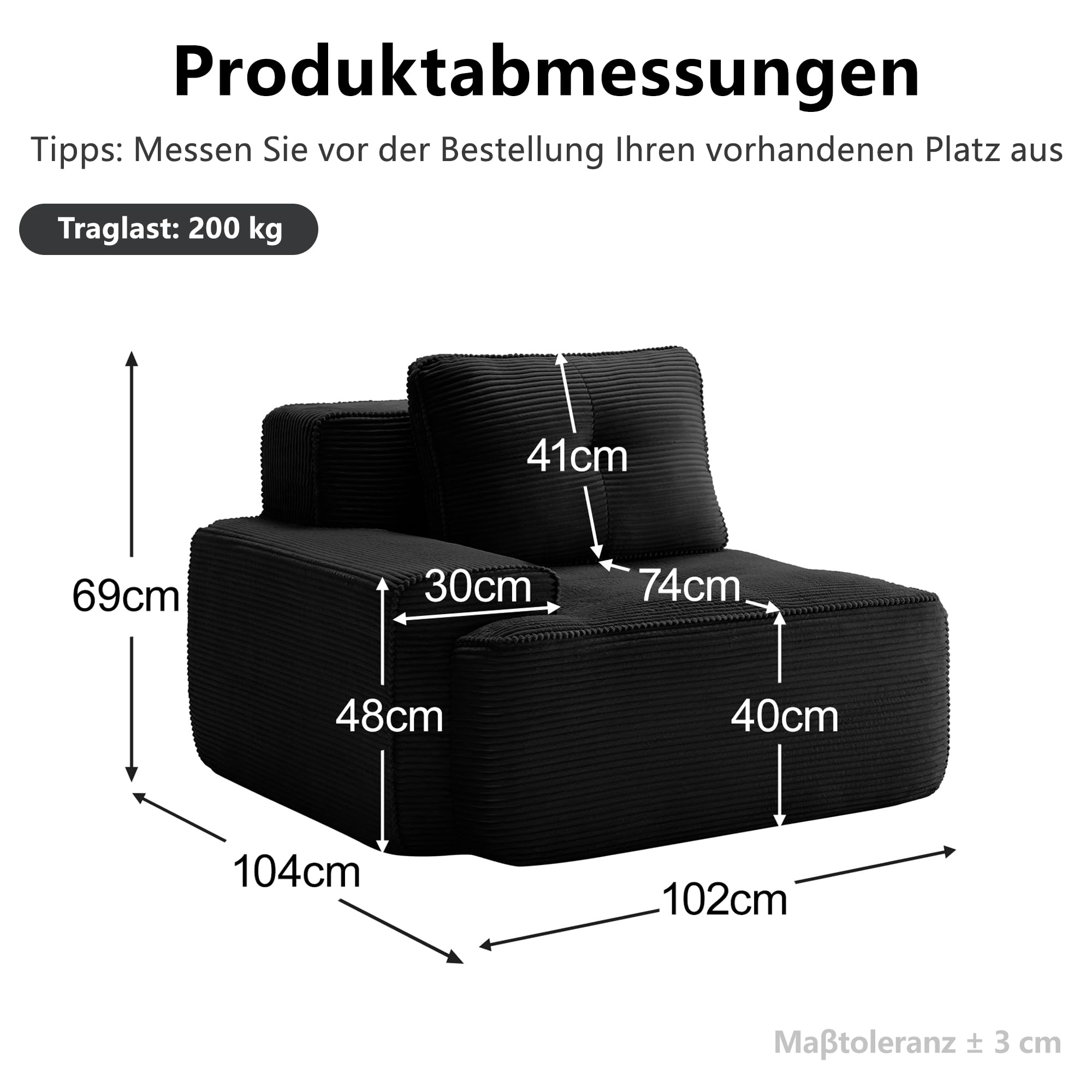 Schwarzes modulares Cord-Sofa – Wolken-Einzelsitz, 32D-Kaltschaumkissen, tiefer Sitz, rutschfeste Unterseite, Plüsch, Wohnzimmermöbel, gemütliches und stilvolles Design