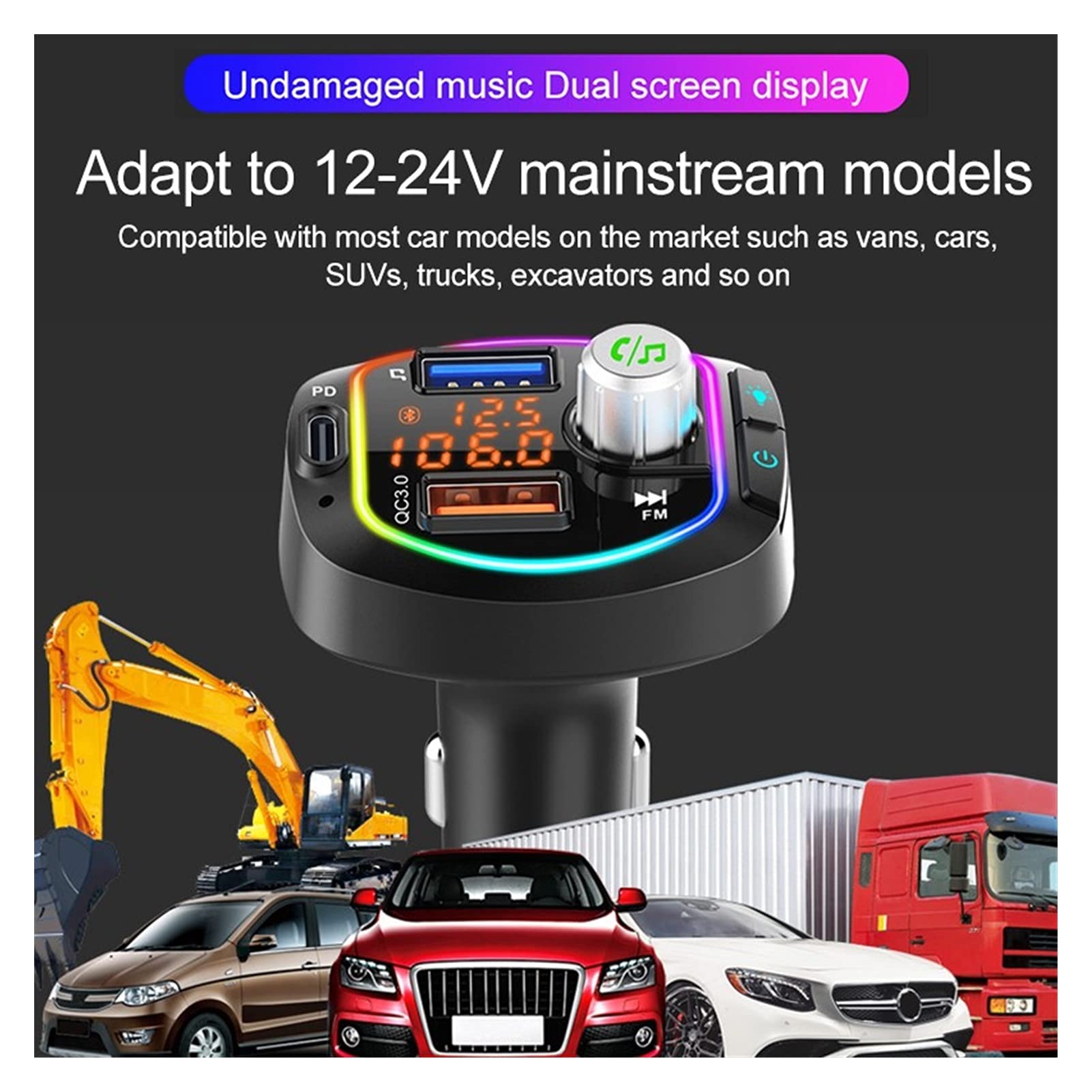 Adaptateur Audio Bluetooth Double USB Chargeur PD + QC3.0 Chargeur Bluetooth 5.0 FÉMININ Lecteur mp3 de Voiture transmetteur avec DSP A2DP Mode Support de lumière colorée U Disk