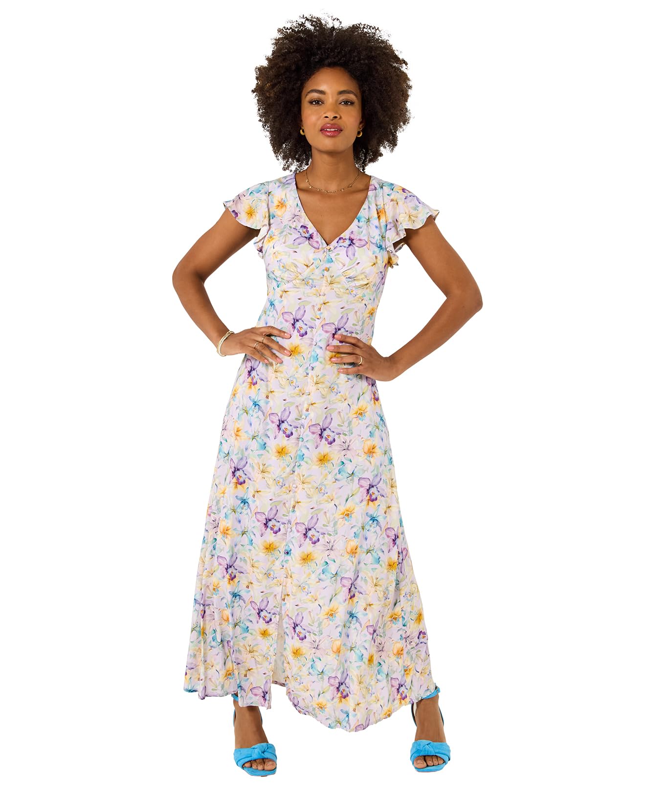 Joe Browns Women's Pastel Floral V Neck Dress, Slim, Multi, UK 18 (Petite)